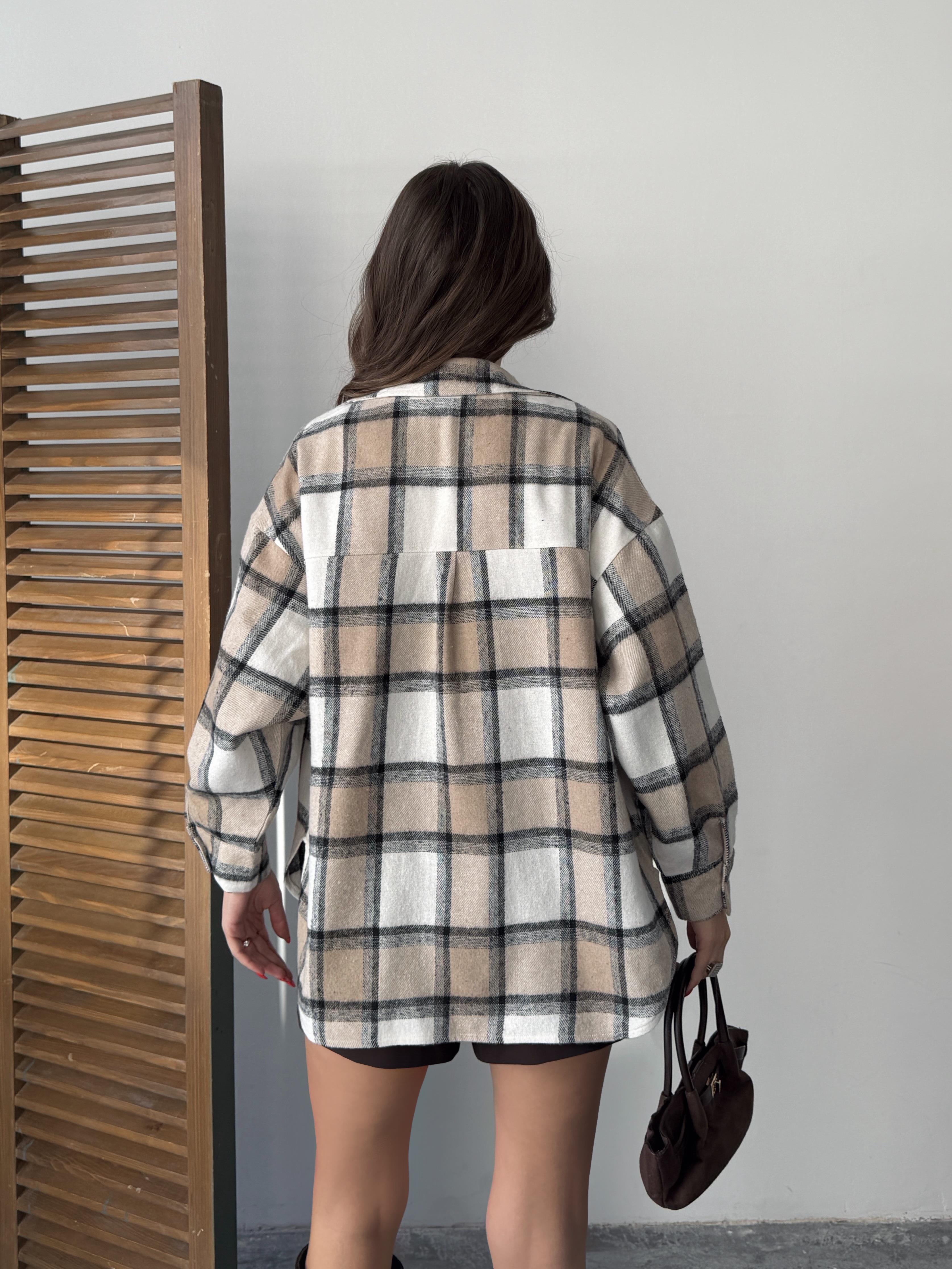 ekose oversize oduncu gömlek bej