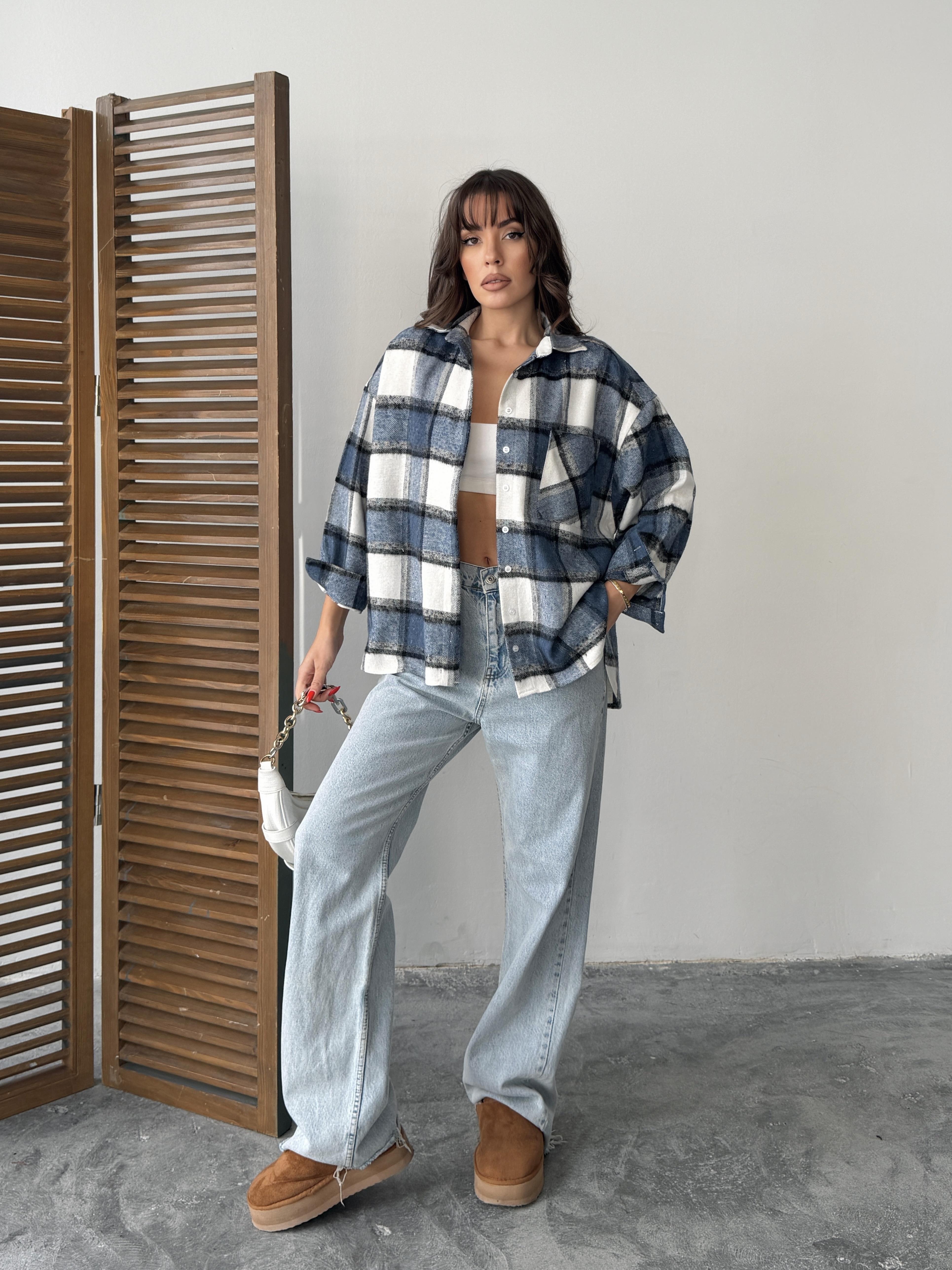 ekose oversize oduncu gömlek mavi