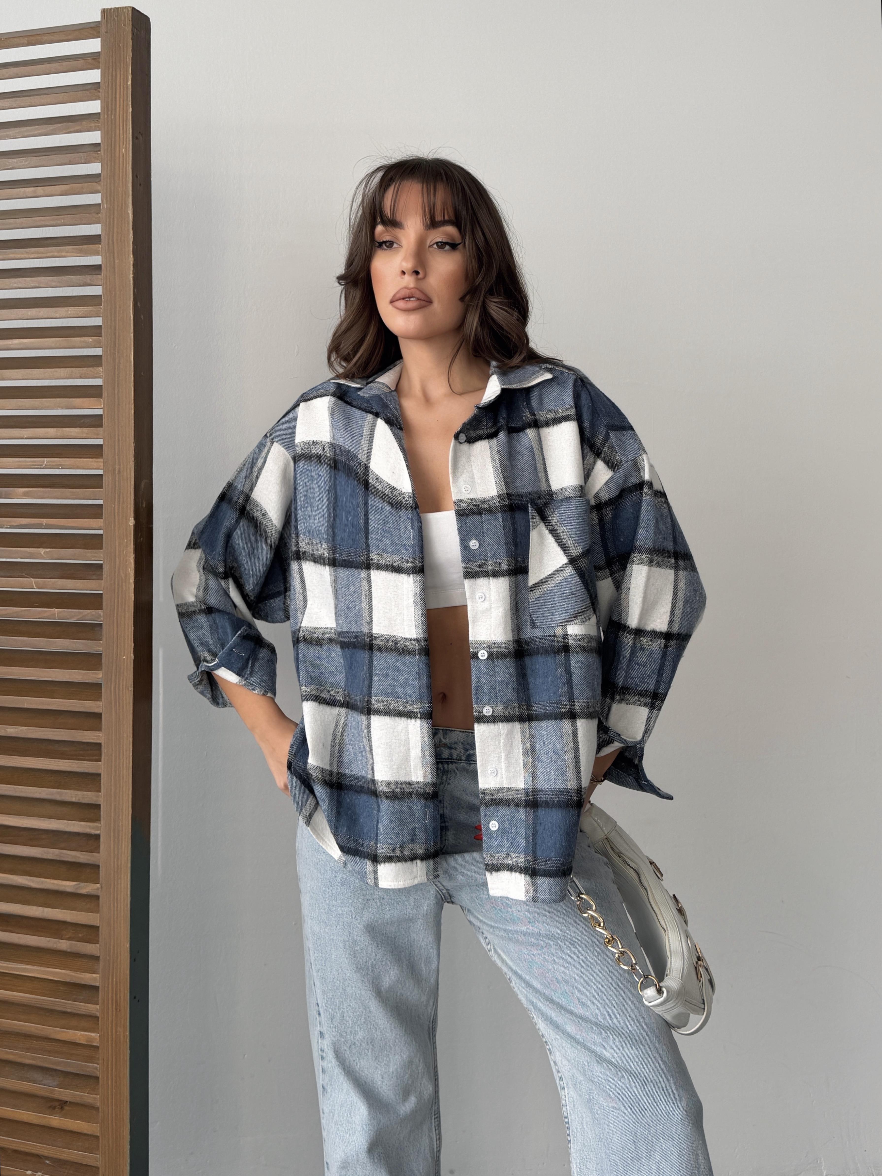 ekose oversize oduncu gömlek mavi