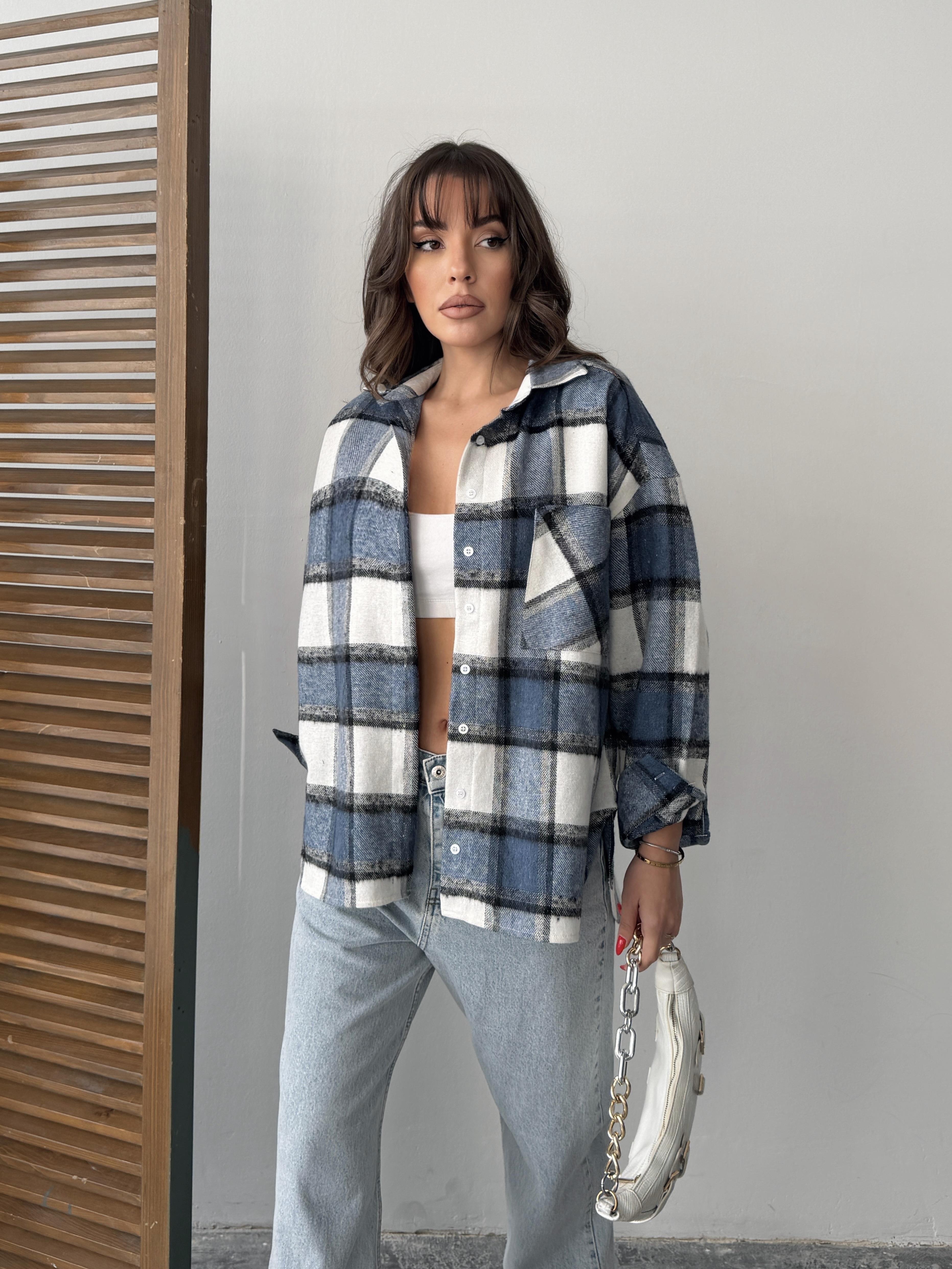 ekose oversize oduncu gömlek mavi