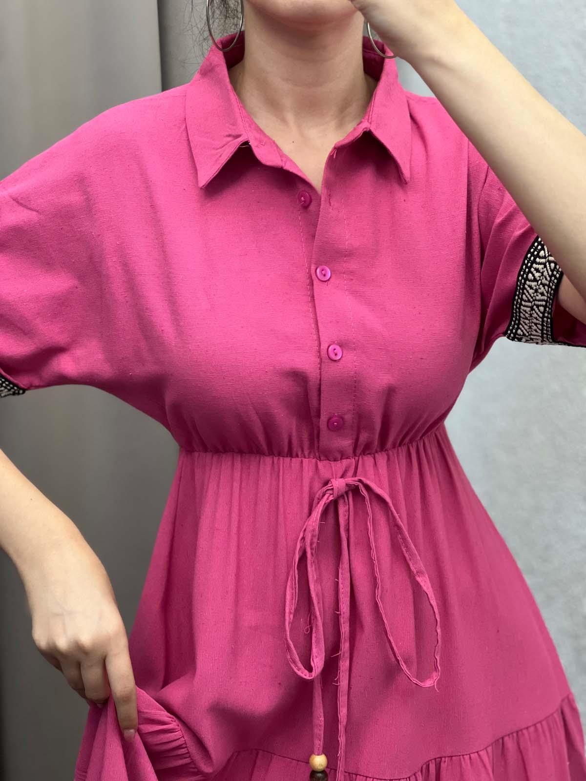 Zhao Gömlek Yaka Pembe Keten Elbise