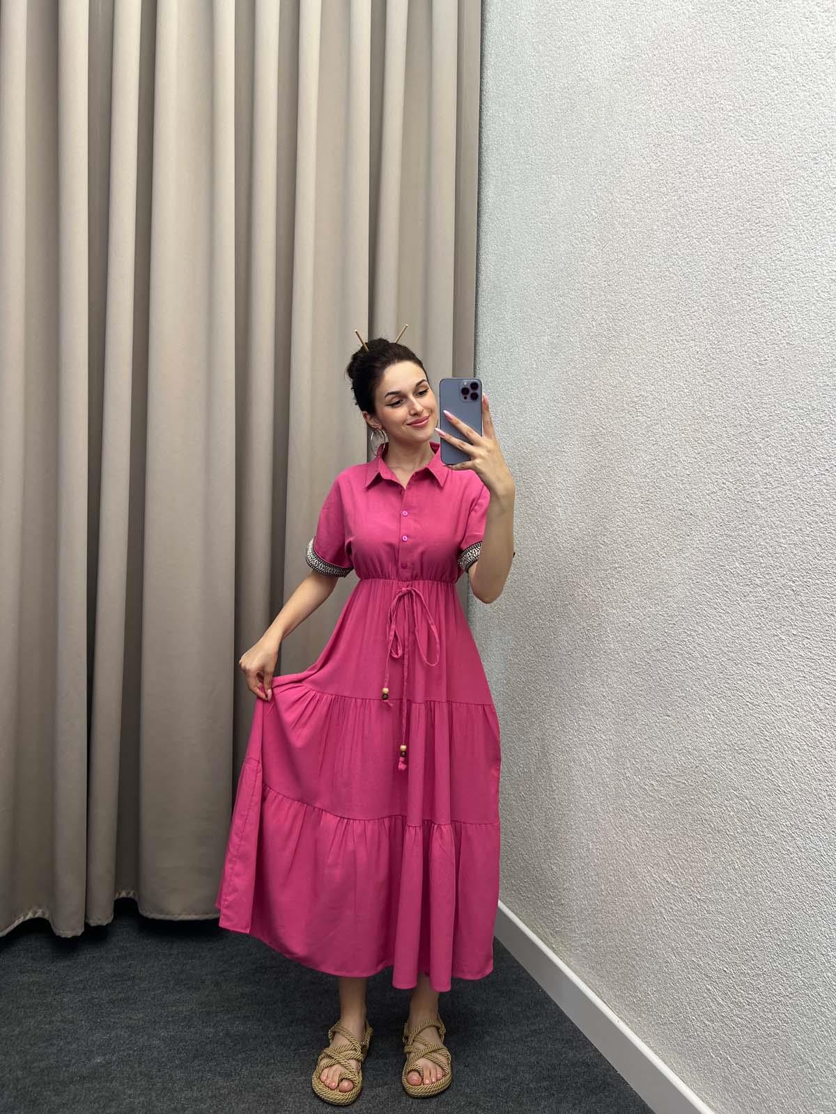 Zhao Gömlek Yaka Pembe Keten Elbise