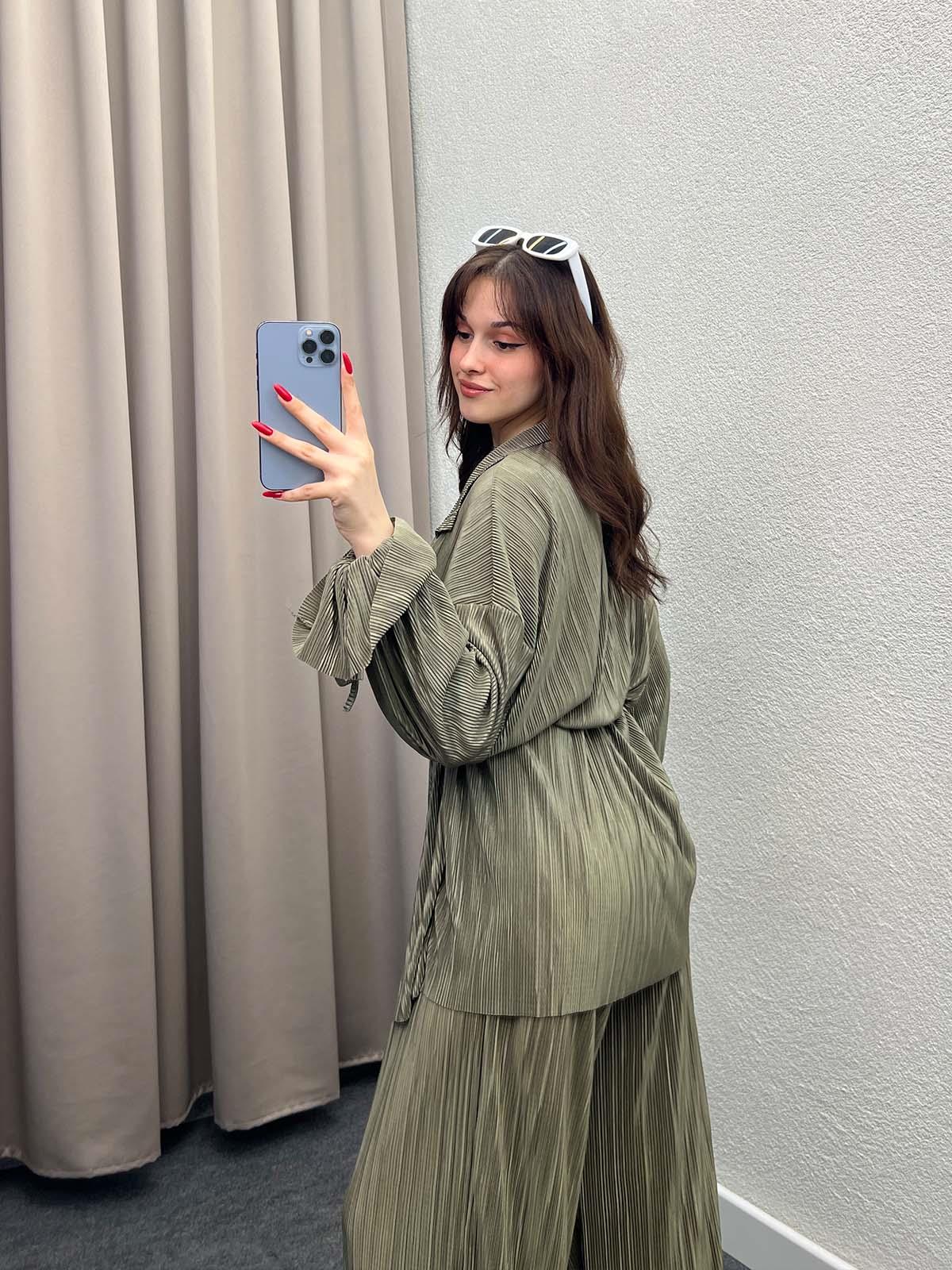 Gracias Haki Pliseli Kimono Takım