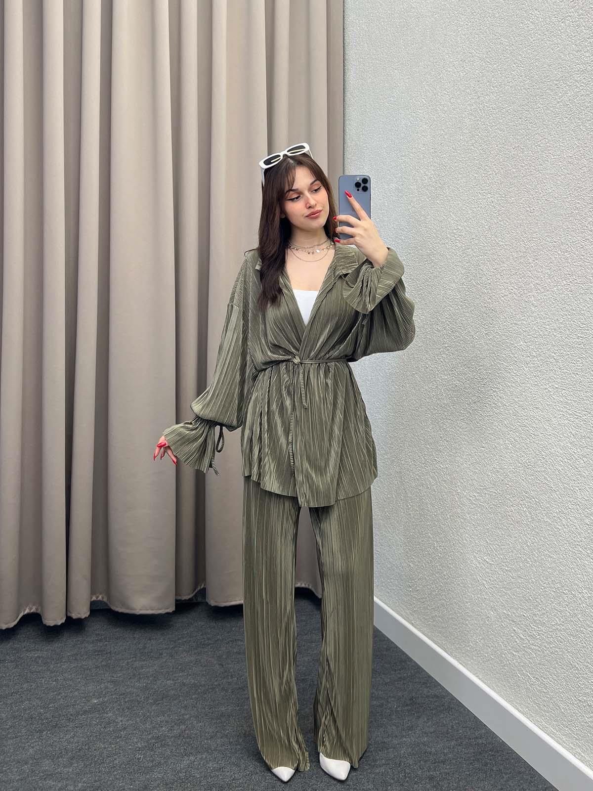 Gracias Haki Pliseli Kimono Takım