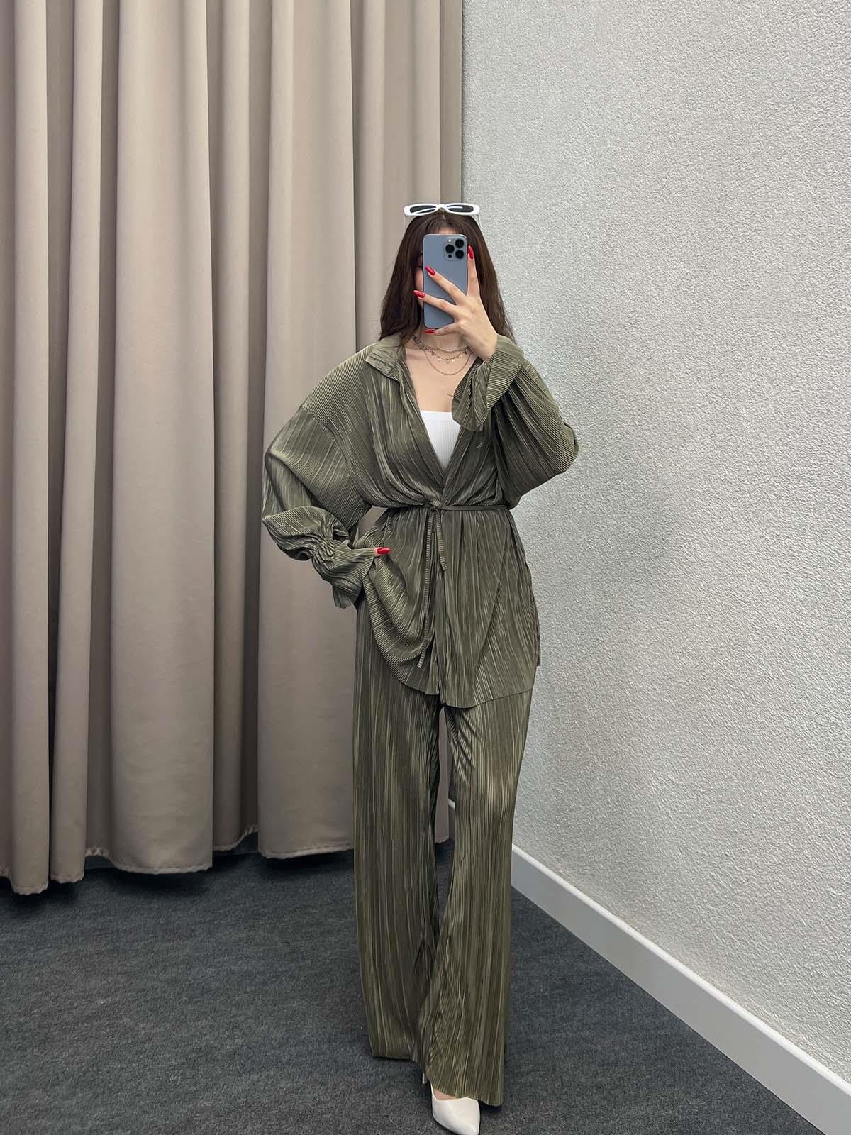 Gracias Haki Pliseli Kimono Takım