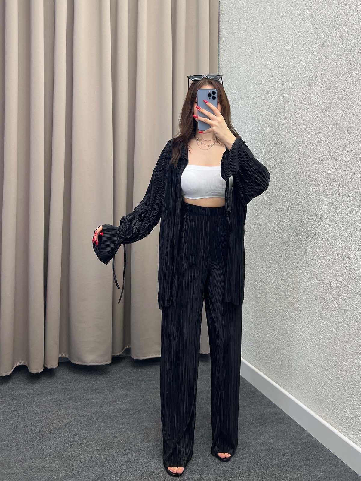 Gracias Siyah Pliseli Kimono Takım