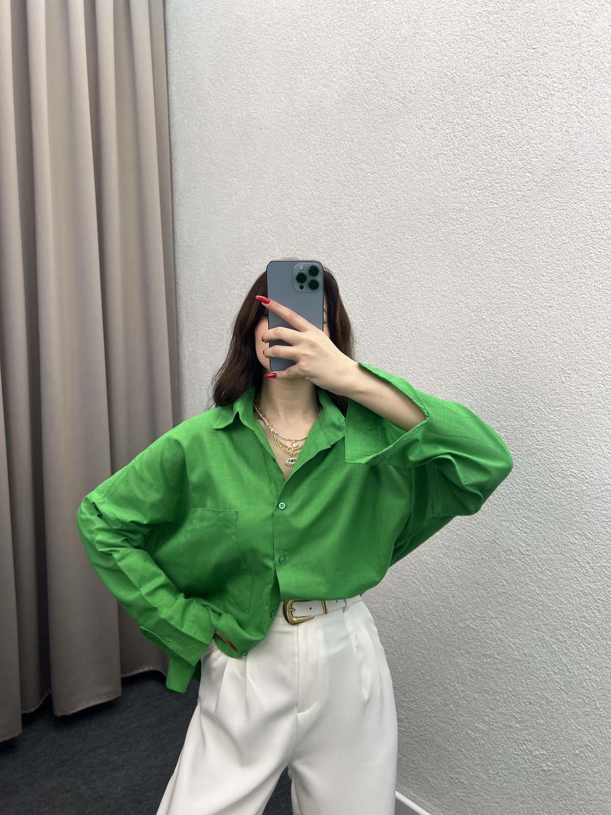 Ham Keten Yeşil Gömlek