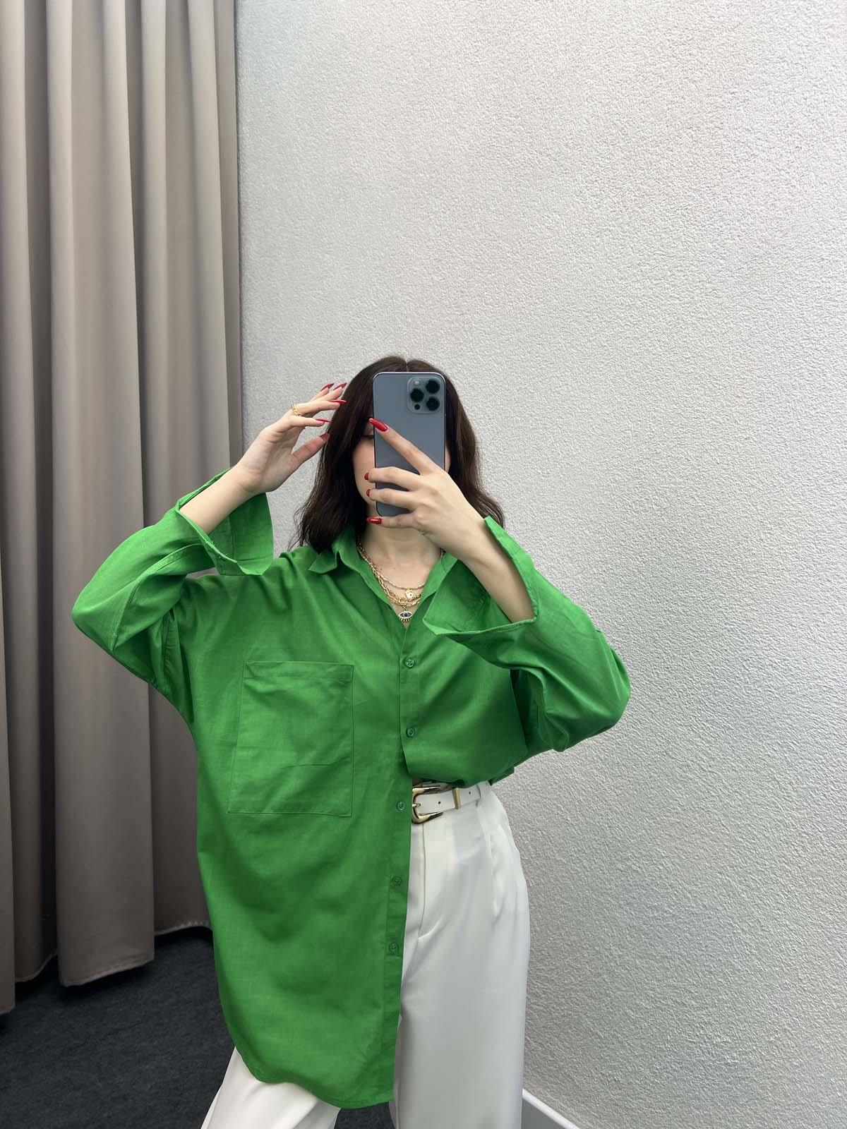 Ham Keten Yeşil Gömlek