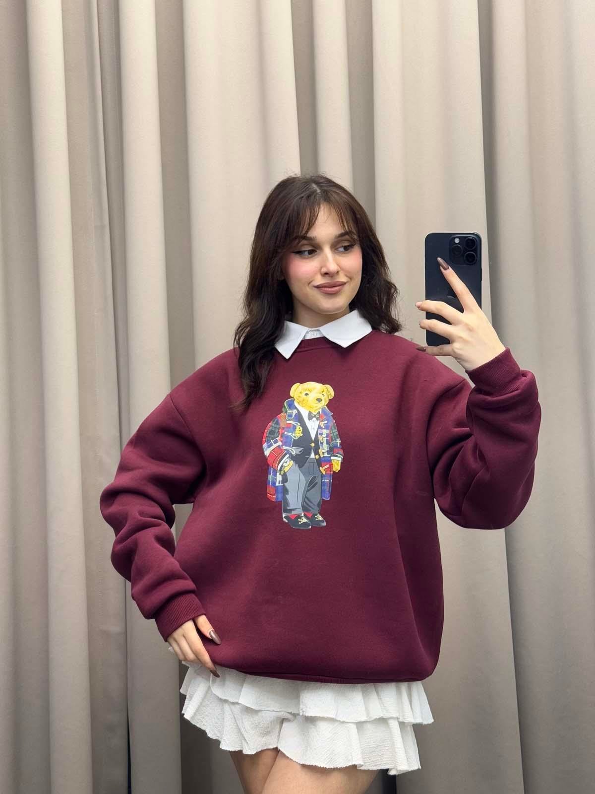 Hariba Ayıcık Basklılı Bordo Sweatshirt