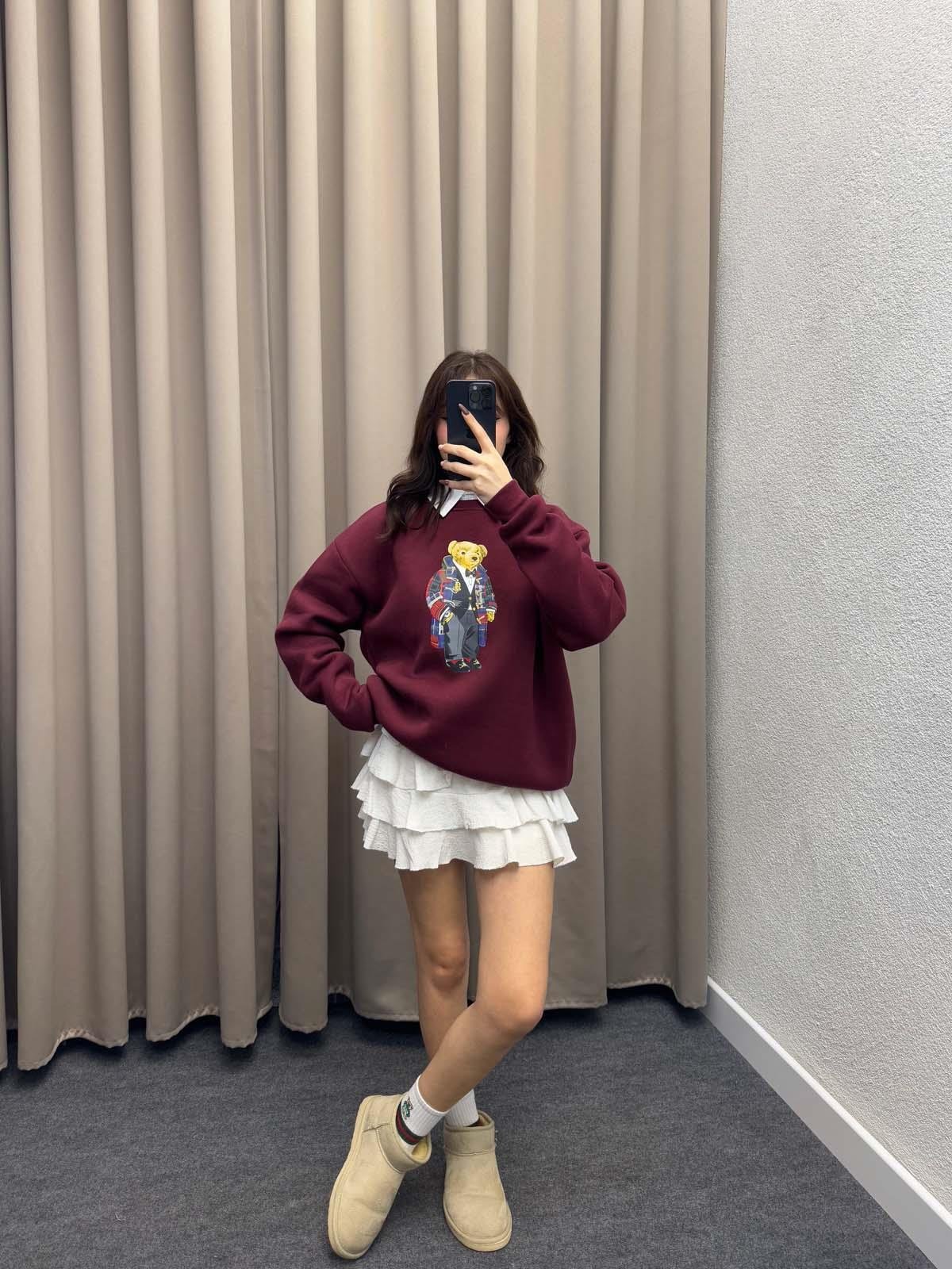 Hariba Ayıcık Basklılı Bordo Sweatshirt