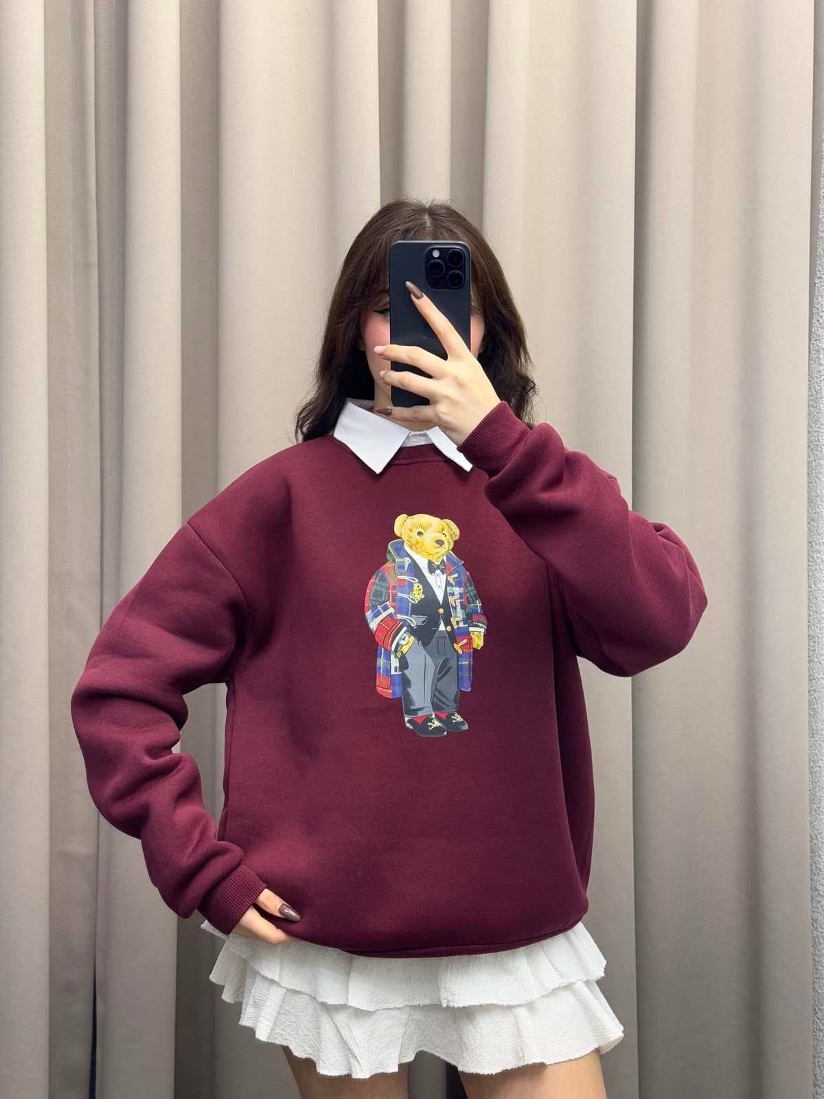 Hariba Ayıcık Basklılı Bordo Sweatshirt