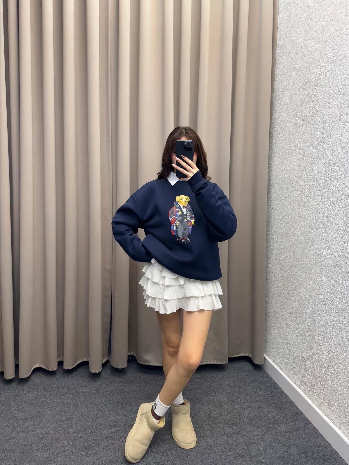 Hariba Ayıcık Basklılı Lacivert Sweatshirt