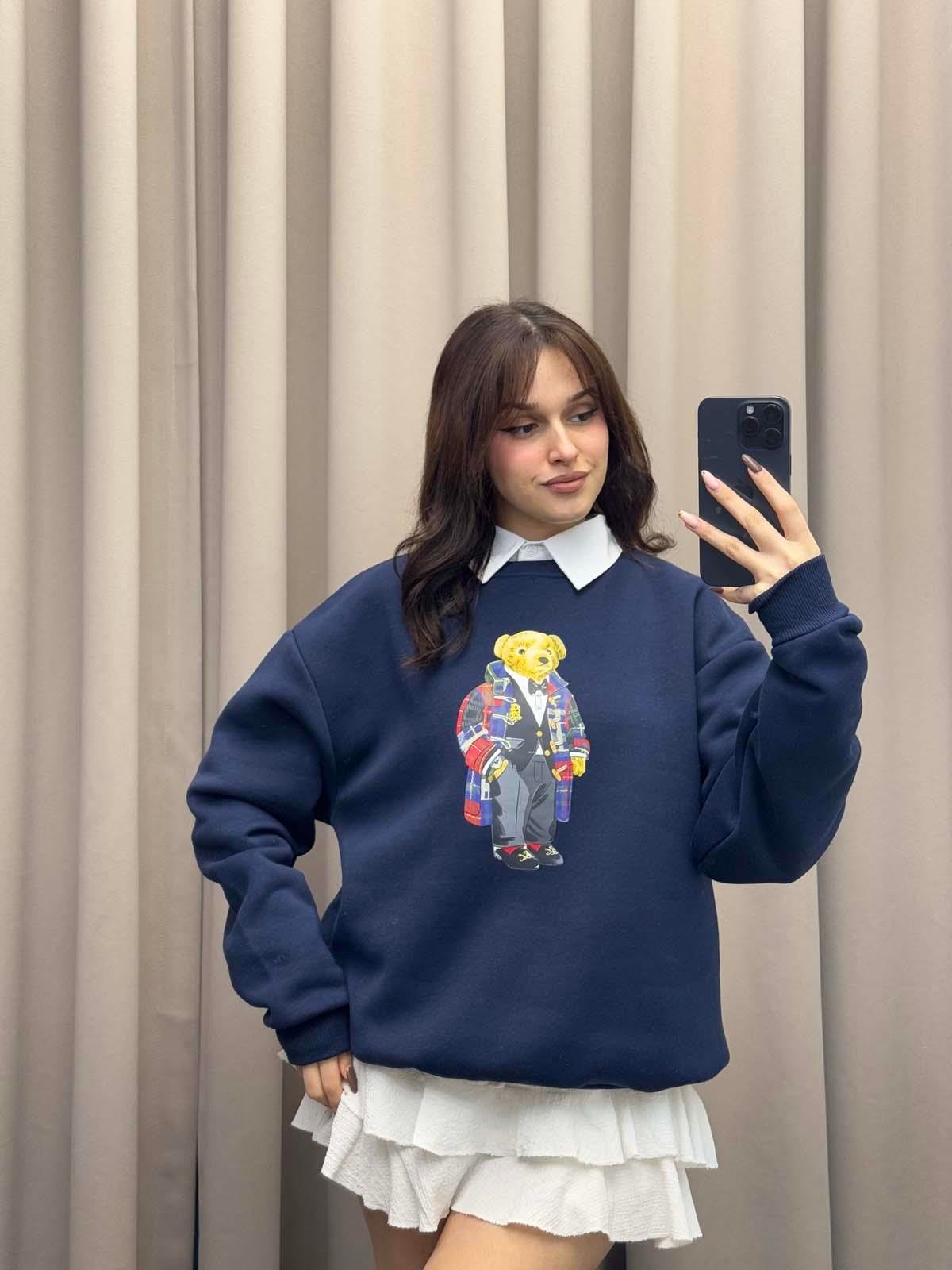 Hariba Ayıcık Basklılı Lacivert Sweatshirt