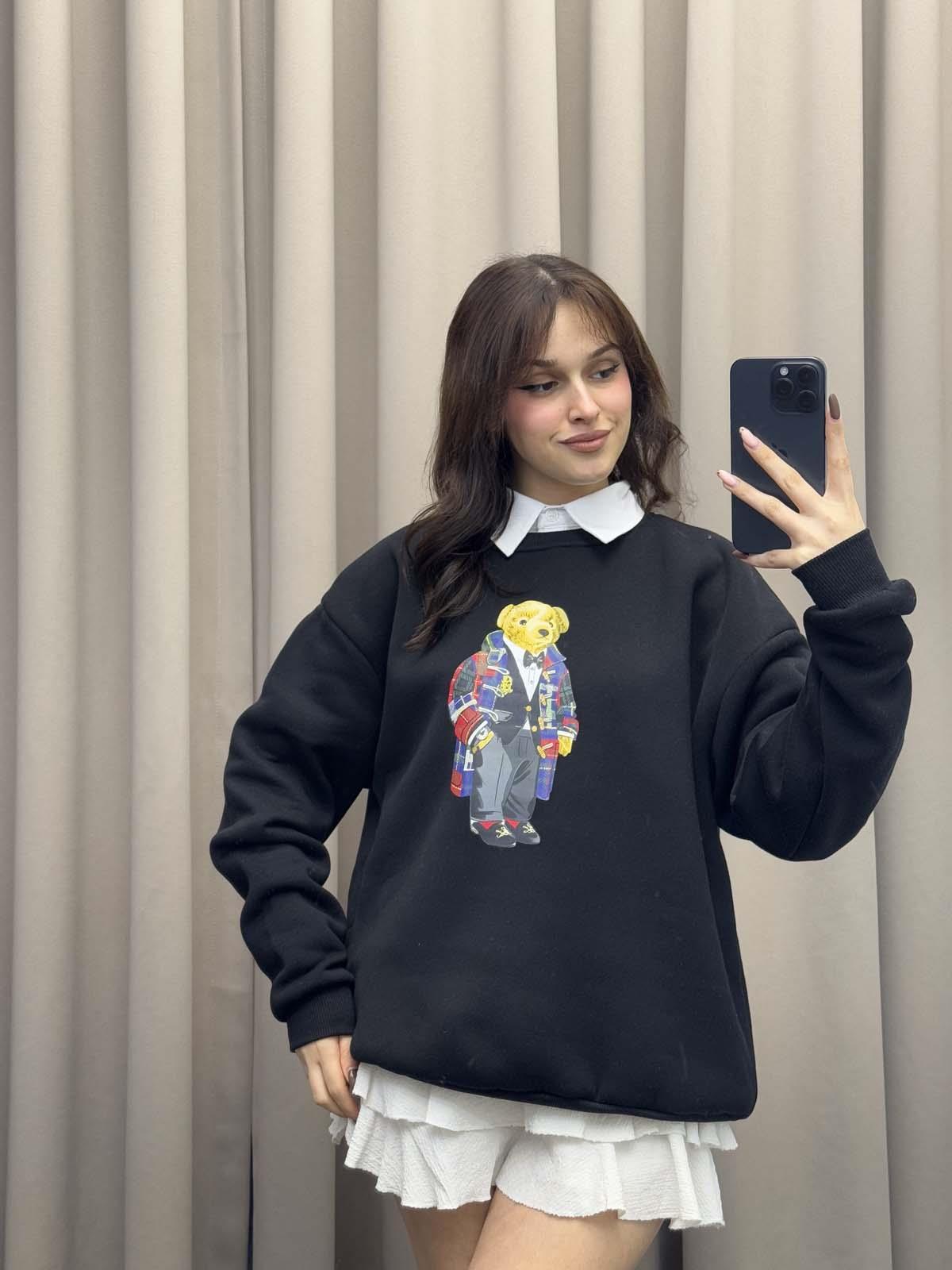 Hariba Ayıcık Basklılı Siyah Sweatshirt