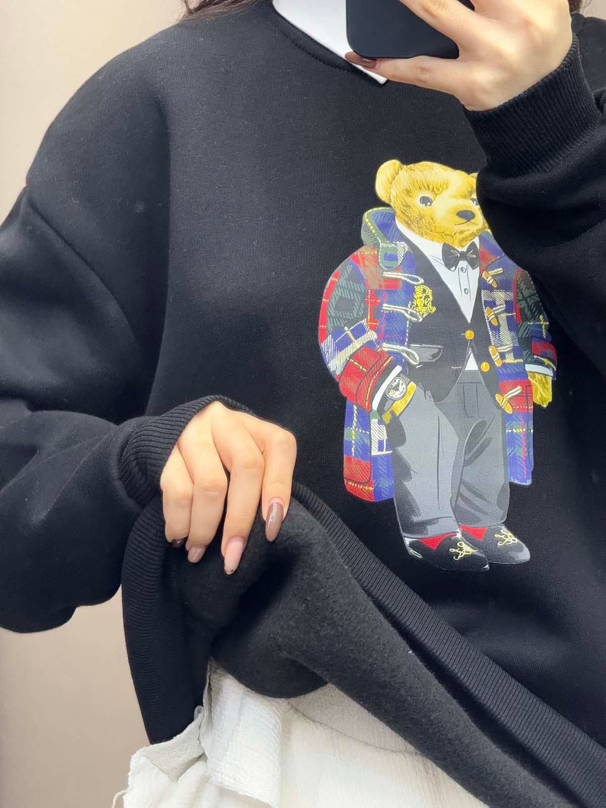 Hariba Ayıcık Basklılı Siyah Sweatshirt