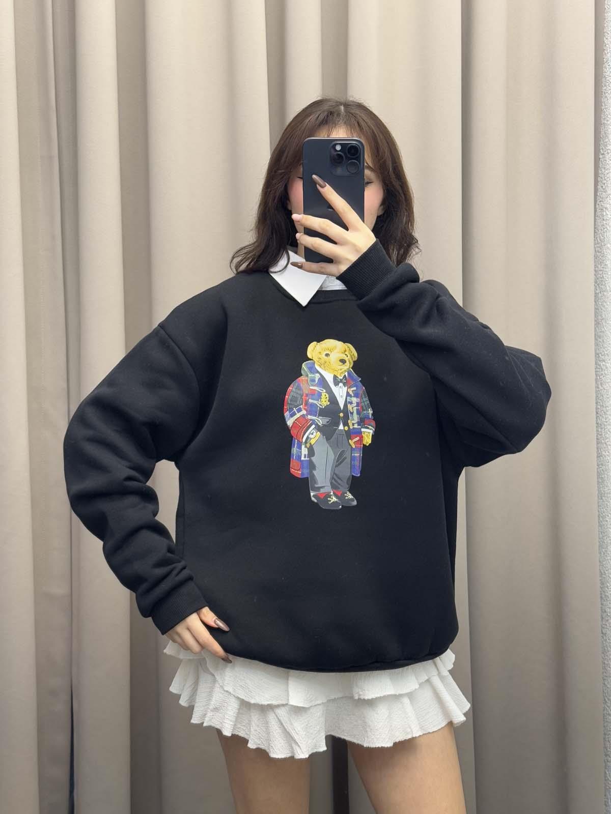 Hariba Ayıcık Basklılı Siyah Sweatshirt
