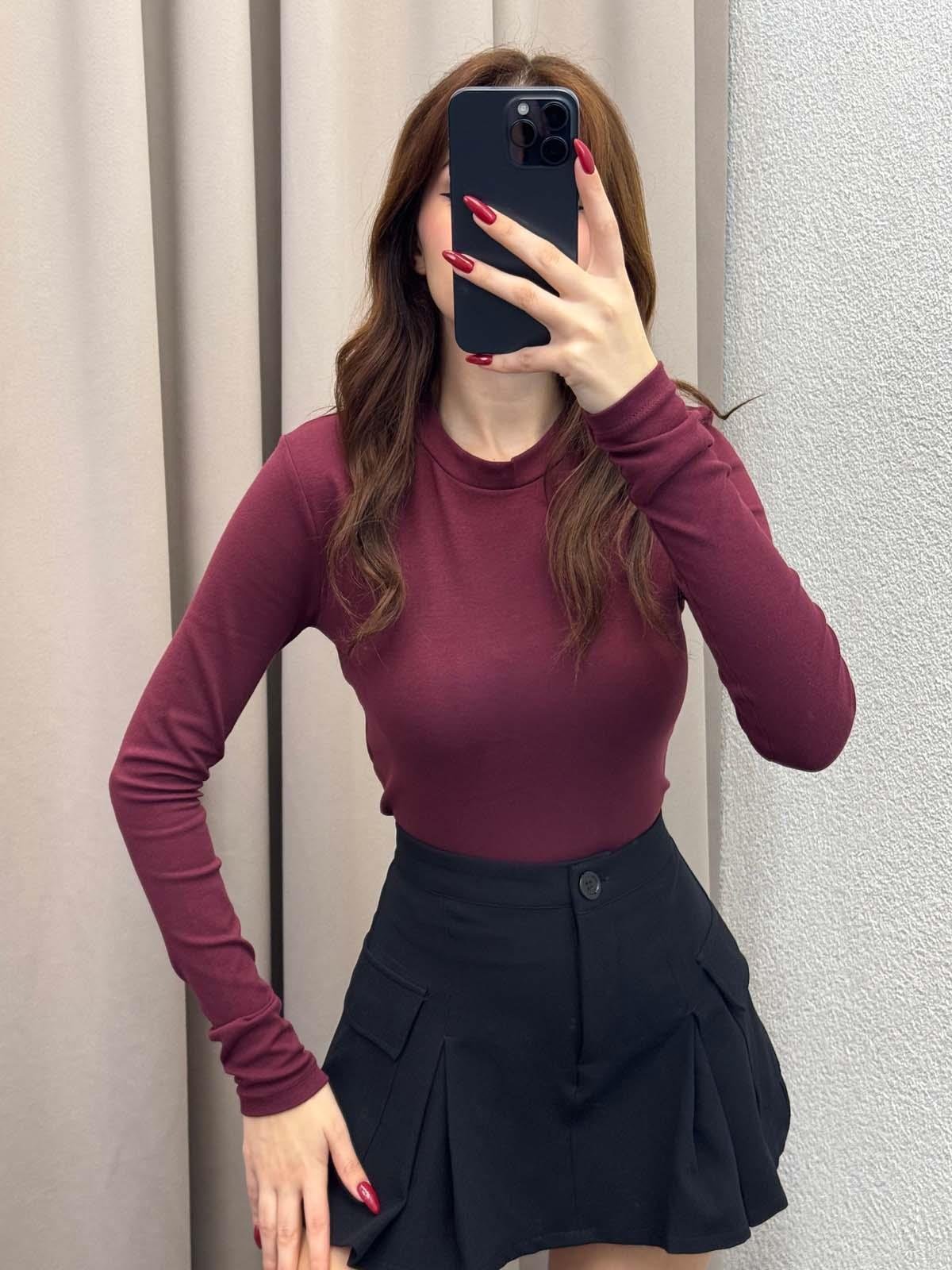 Kadın Basic Uzun Kol Bordo Body