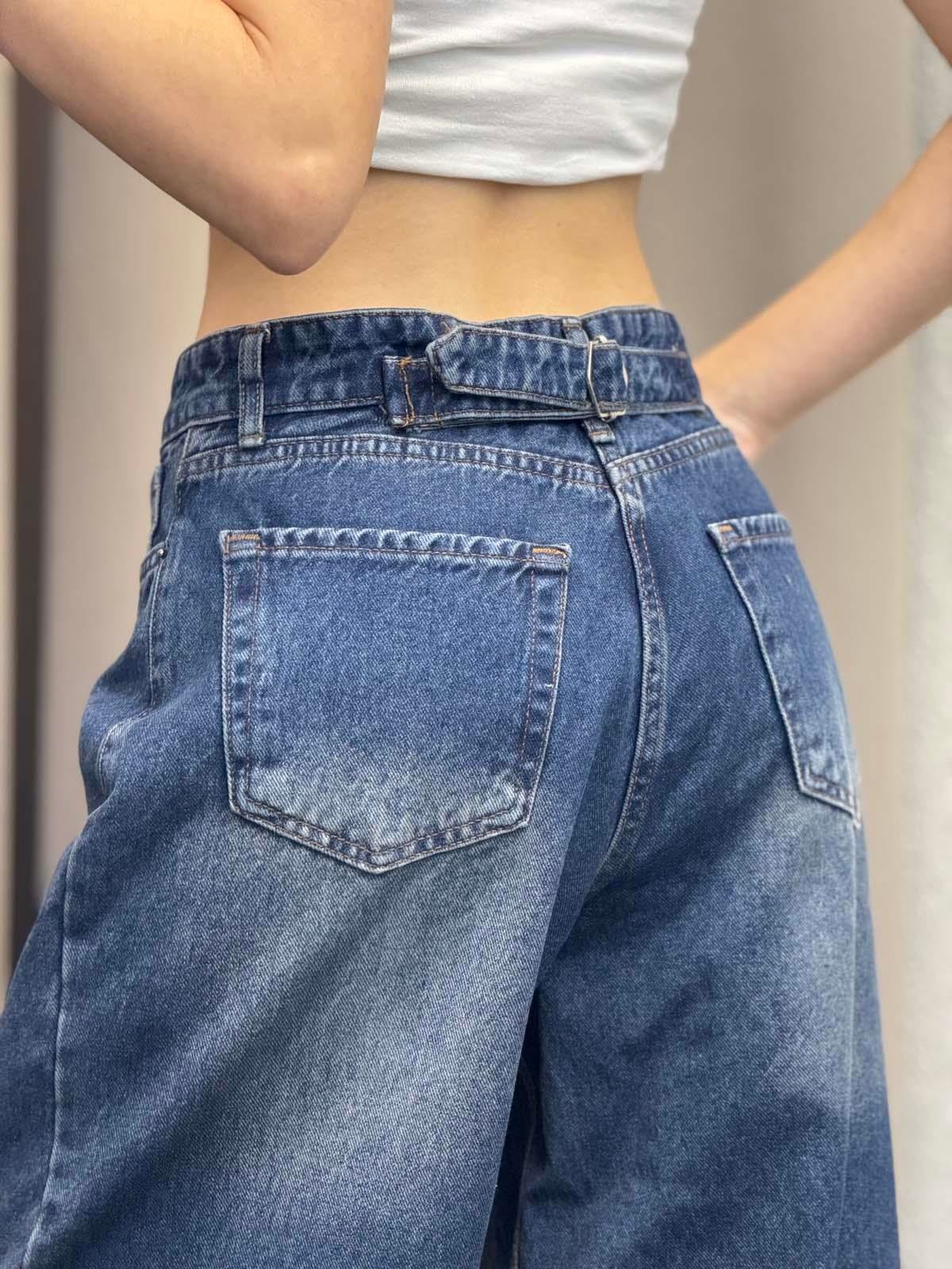 Kemer Detaylı Mavi Baggy Jean