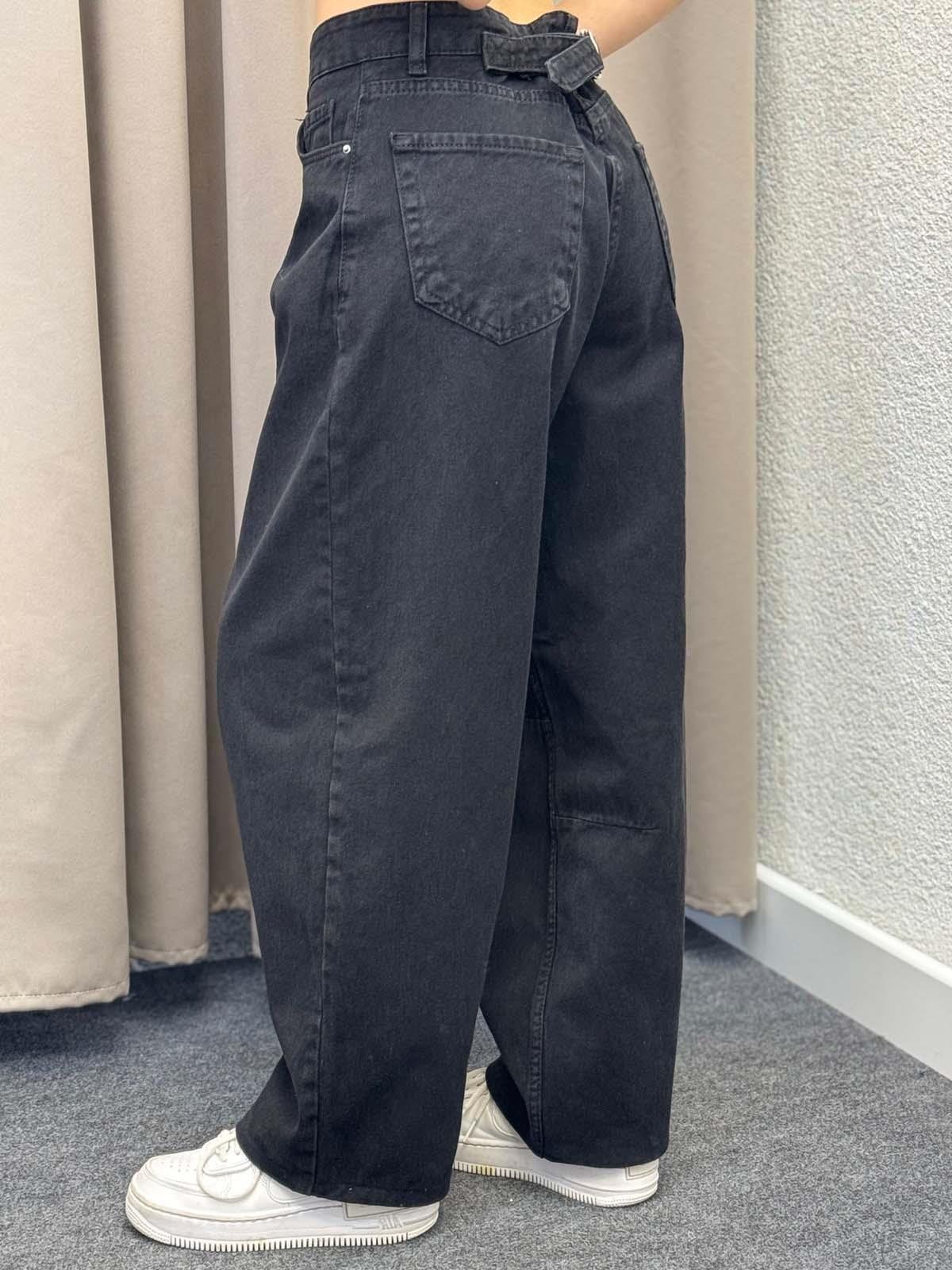 Kemer Detaylı Siyah Baggy Jean