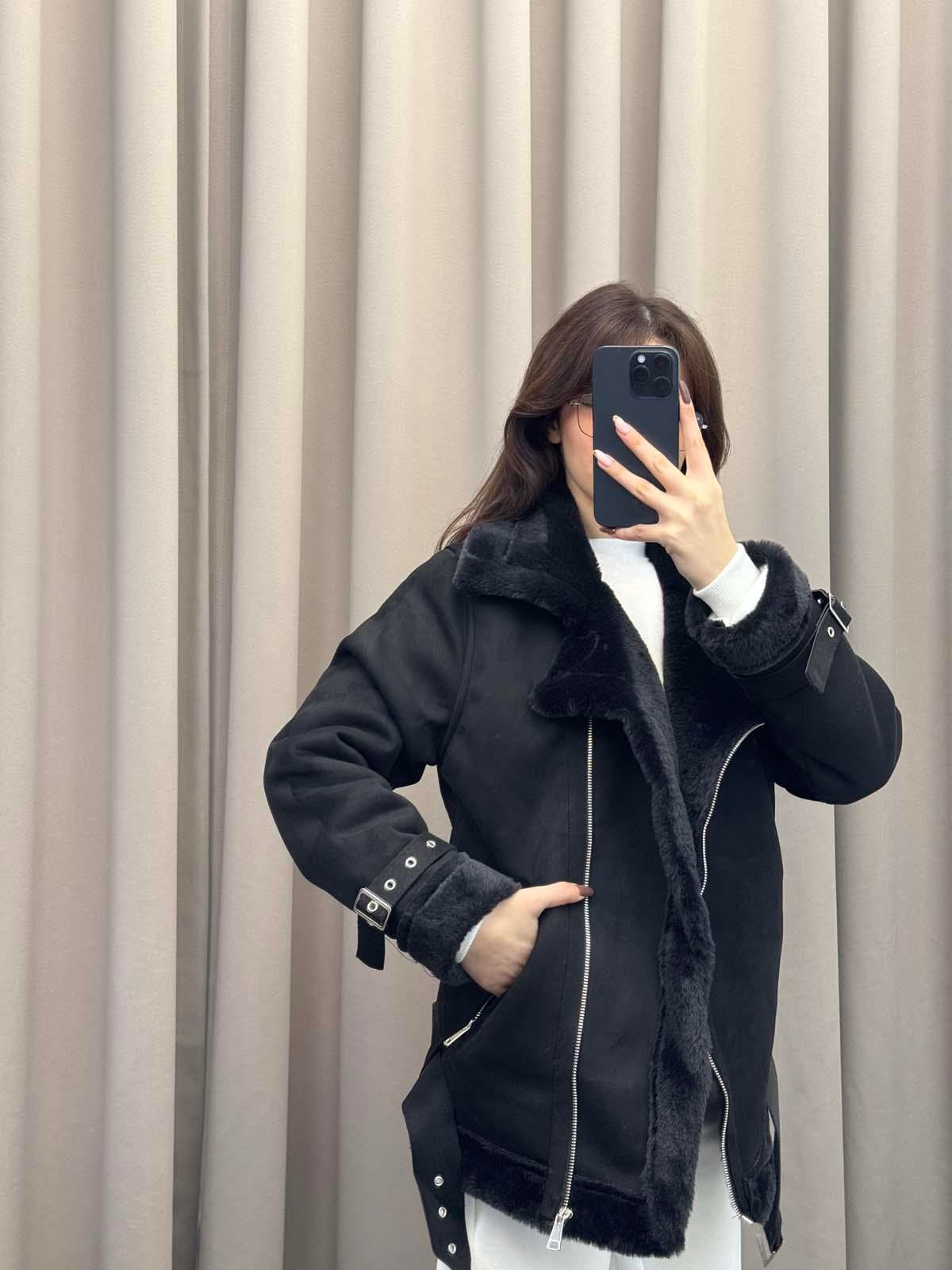 Lares Uzun Siyah Süet Ceket