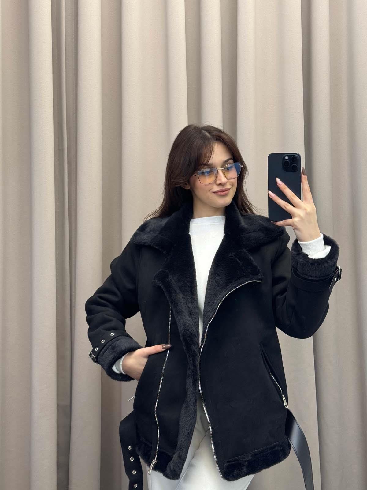 Lares Uzun Siyah Süet Ceket