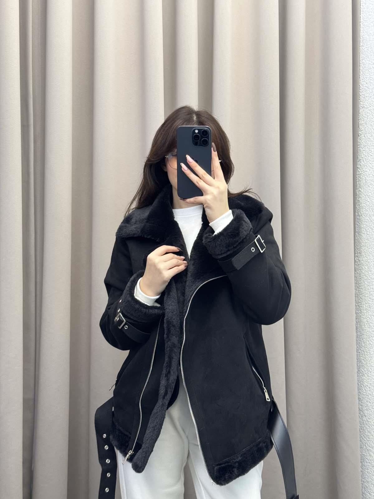 Lares Uzun Siyah Süet Ceket