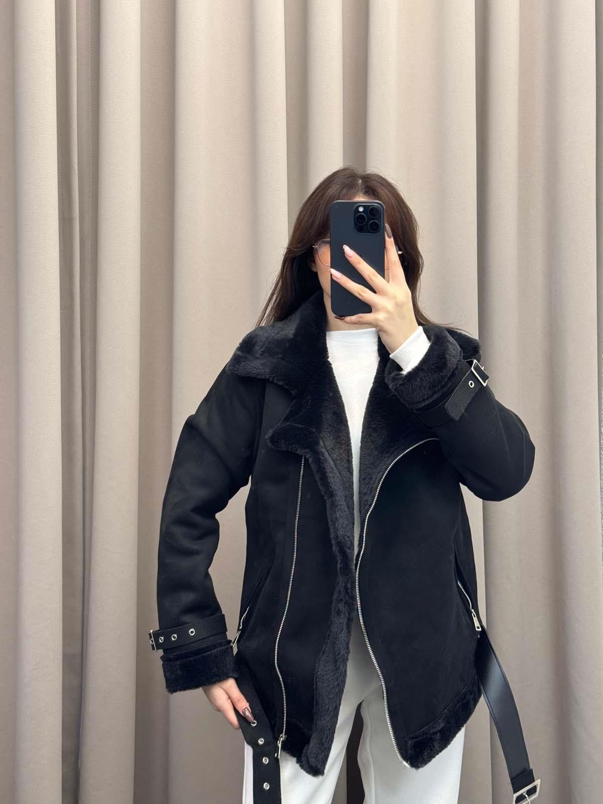 Lares Uzun Siyah Süet Ceket