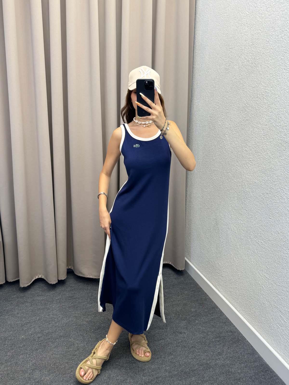 Lykos Yan Yırtmaçlı Lacivert Elbise