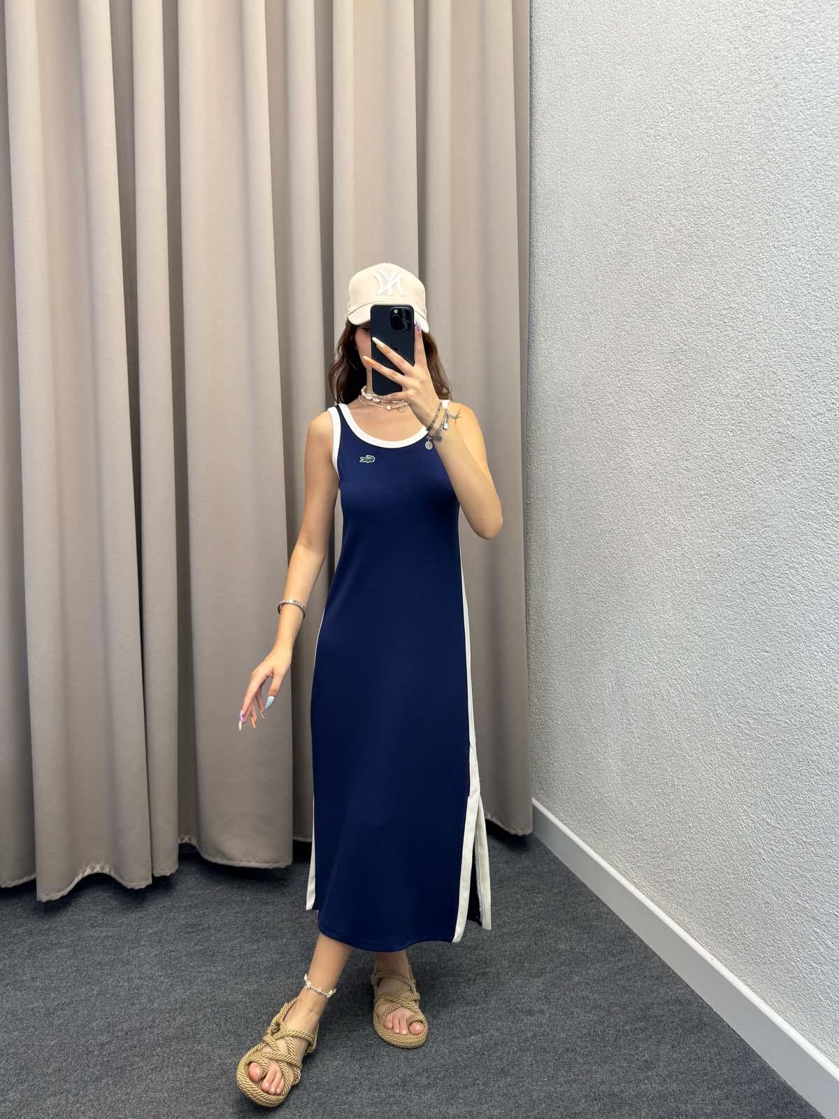 Lykos Yan Yırtmaçlı Lacivert Elbise