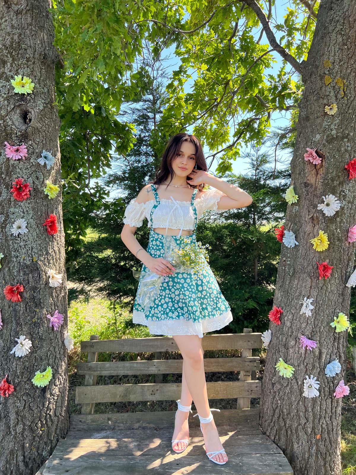 Merida Yeşil Garnili Çiçekli Elbise