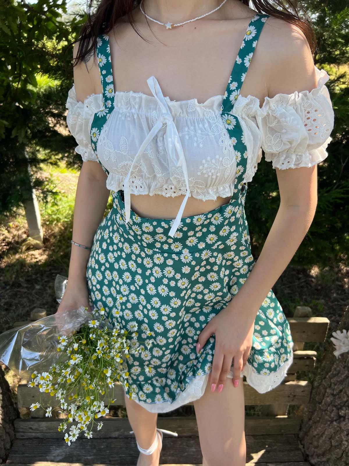 Merida Yeşil Garnili Çiçekli Elbise