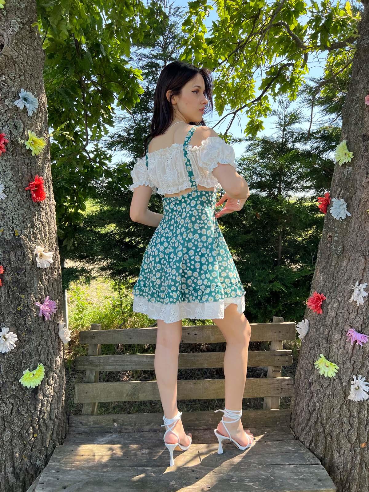 Merida Yeşil Garnili Çiçekli Elbise