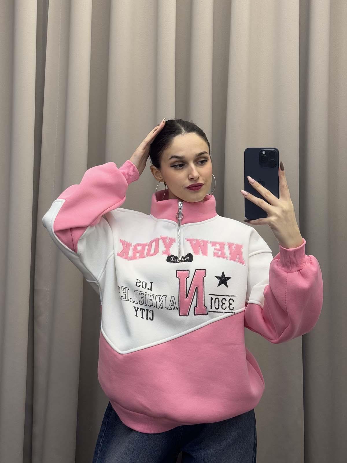 New York Nakışlı Pudra Sweatshirt