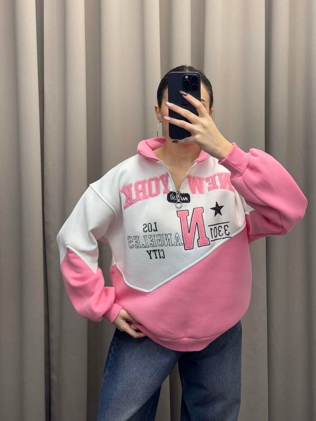 New York Nakışlı Pudra Sweatshirt