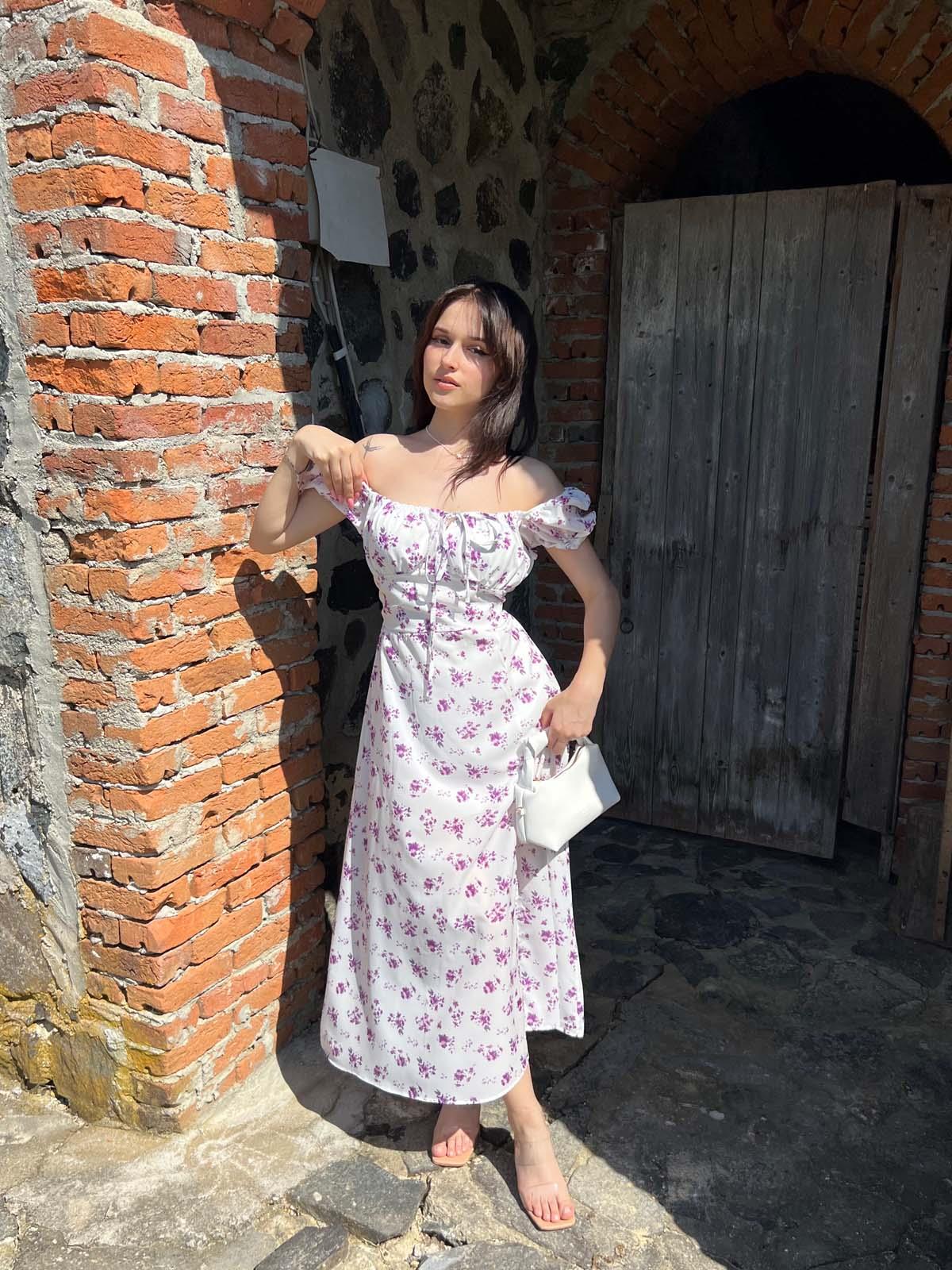 Önü Büzgü Ve Bağcıklı Yırtmaç Detay Mor Elbise