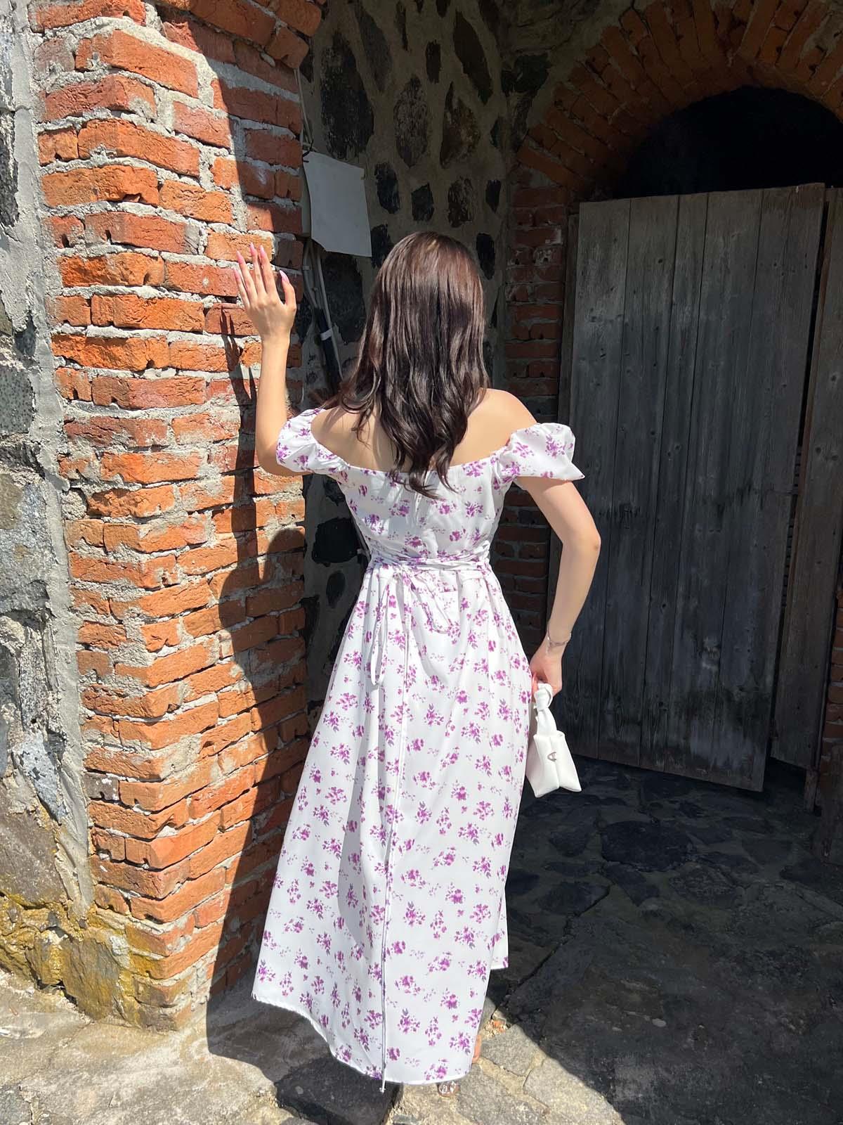 Önü Büzgü Ve Bağcıklı Yırtmaç Detay Mor Elbise