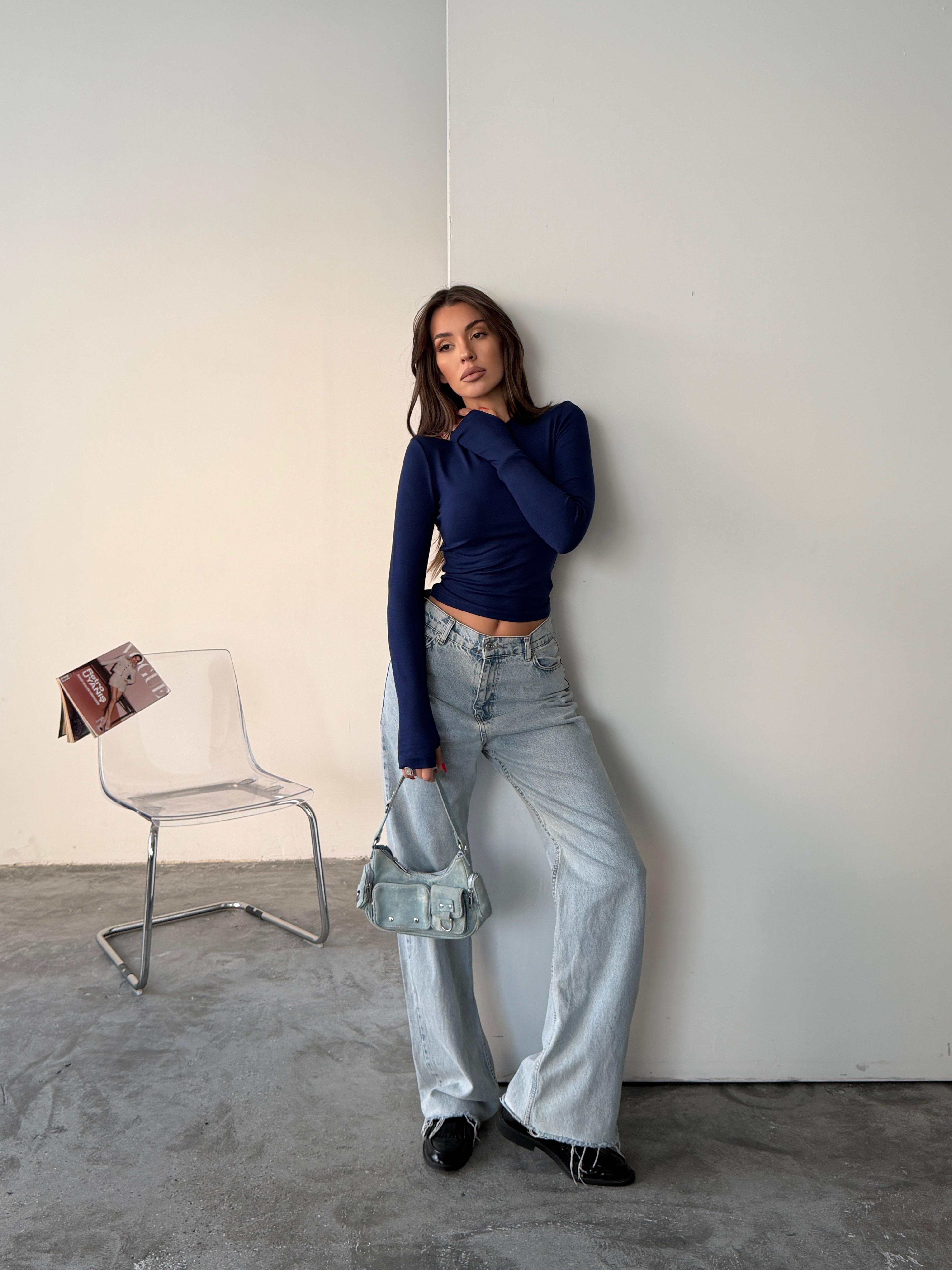 OYS BUZY KUMAŞ PARMAK GEÇME BLUZ LACİVERT