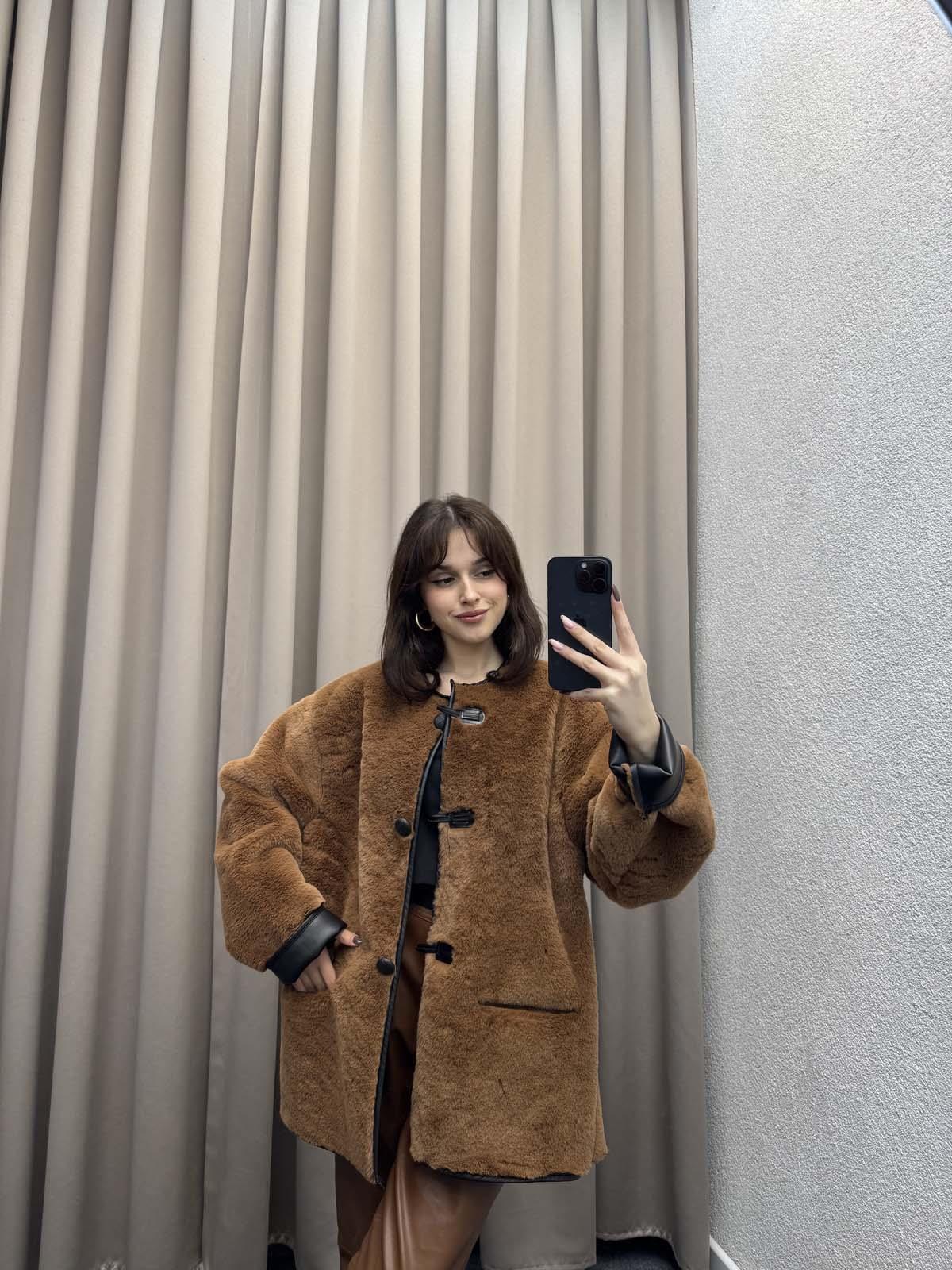 Mngo Aplikli Kürklü Kahve Palto