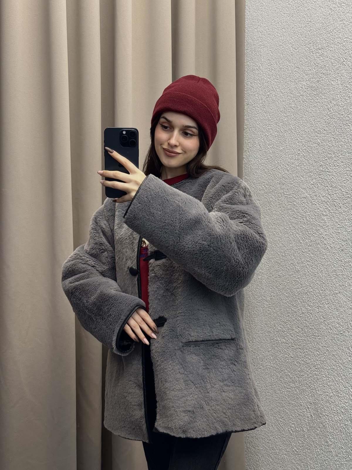 Mngo Aplikli Kürklü Füme Palto