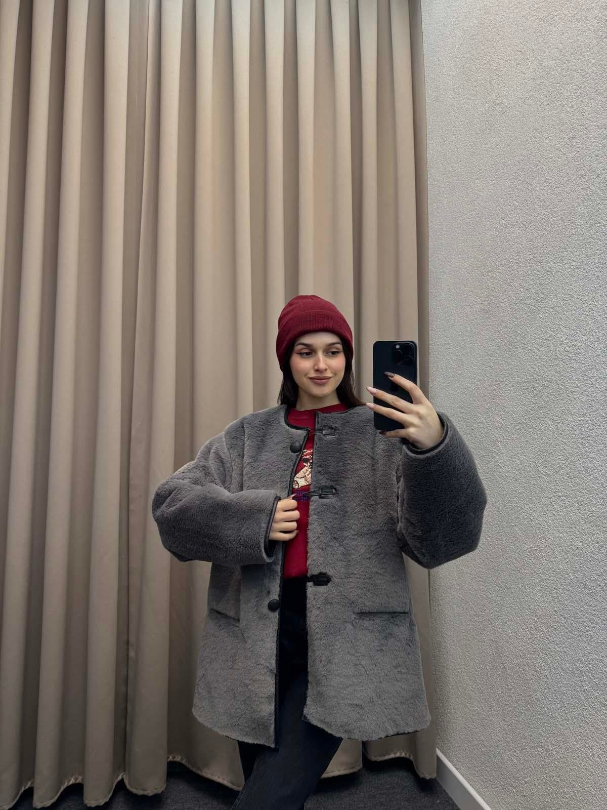 Mngo Aplikli Kürklü Füme Palto