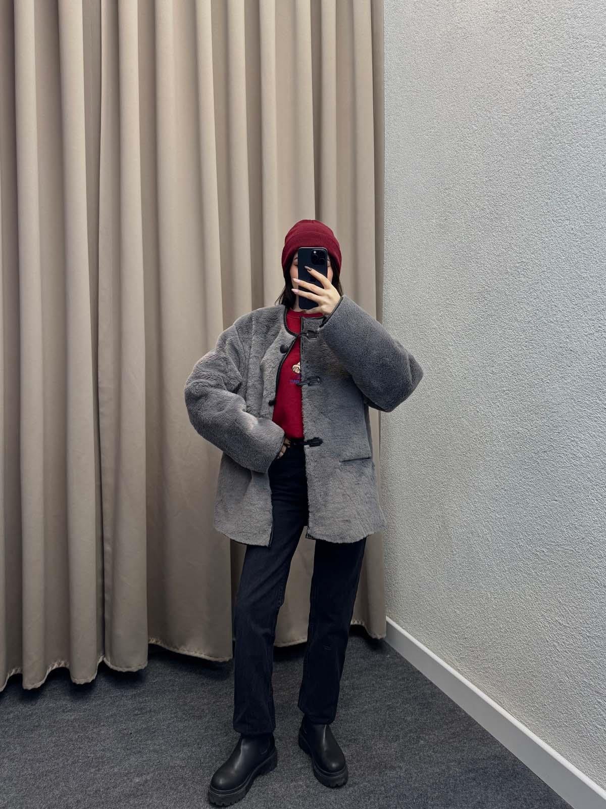 Mngo Aplikli Kürklü Füme Palto