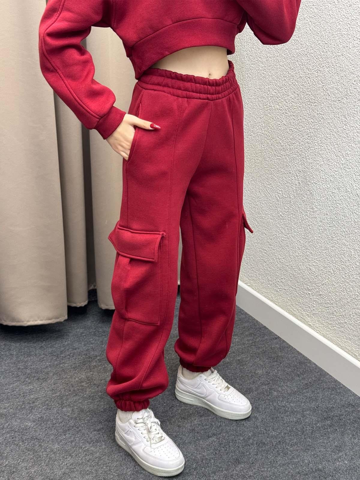 Reggio Kargo Cepli Crop Bordo Eşofman Takımı