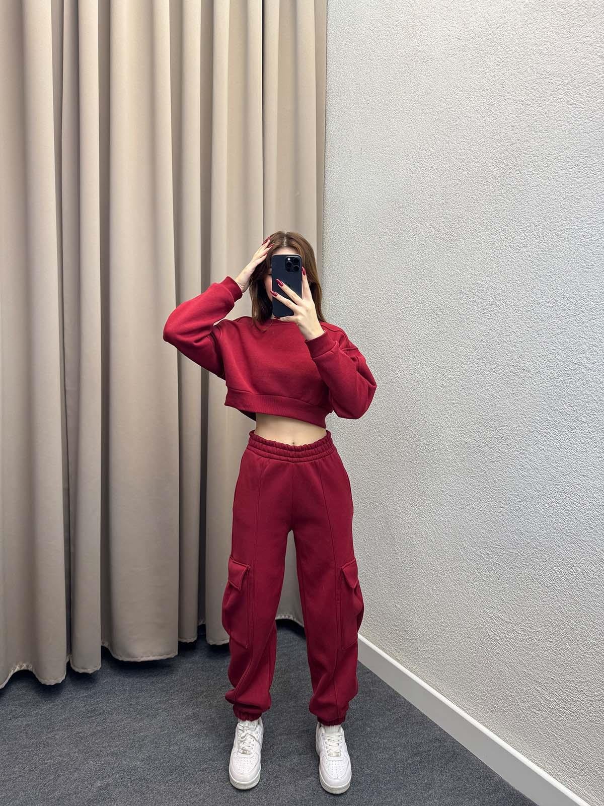 Reggio Kargo Cepli Crop Bordo Eşofman Takımı