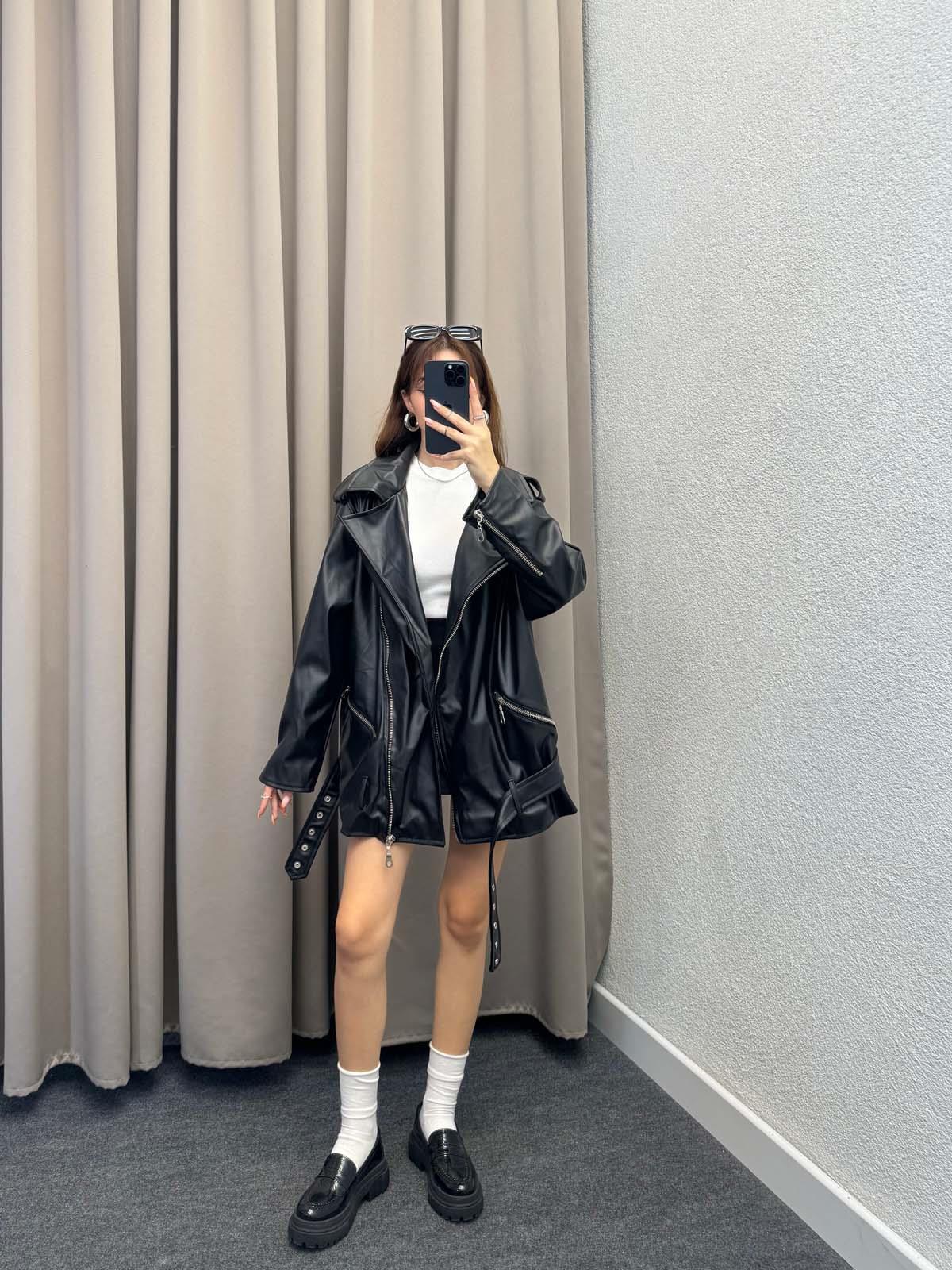 Siyah Biker Deri Ceket