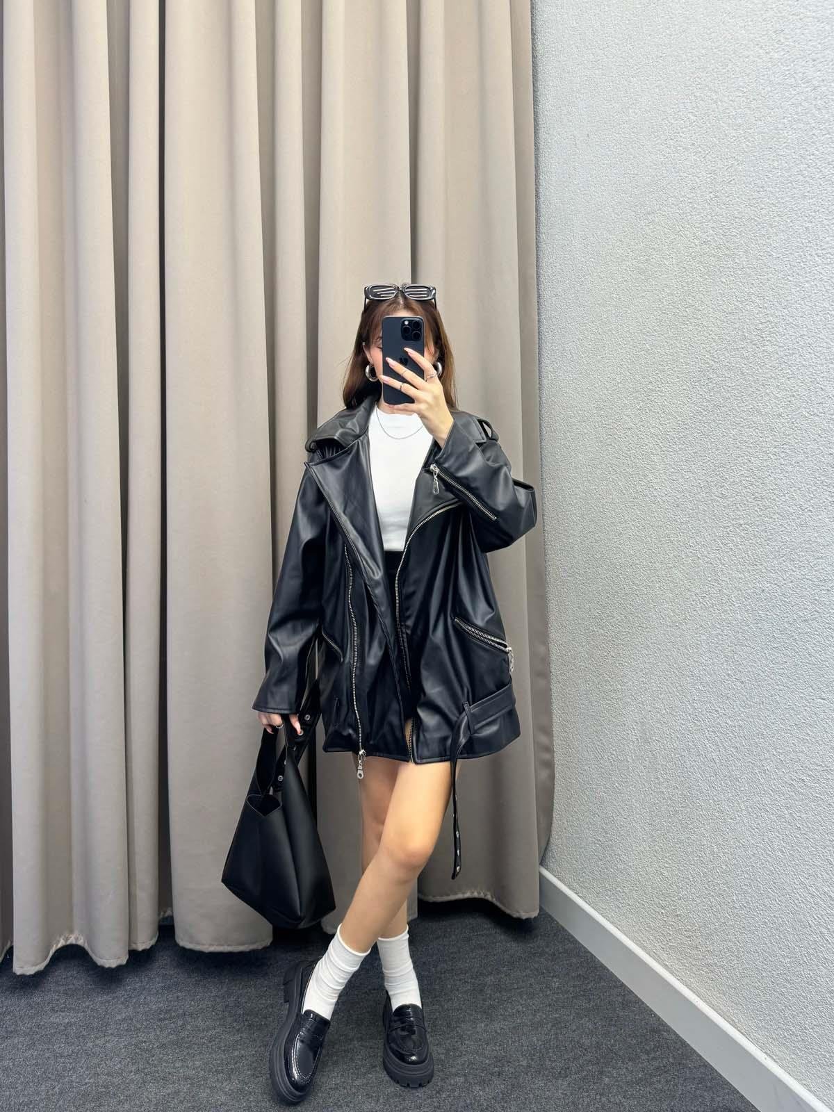 Siyah Biker Deri Ceket