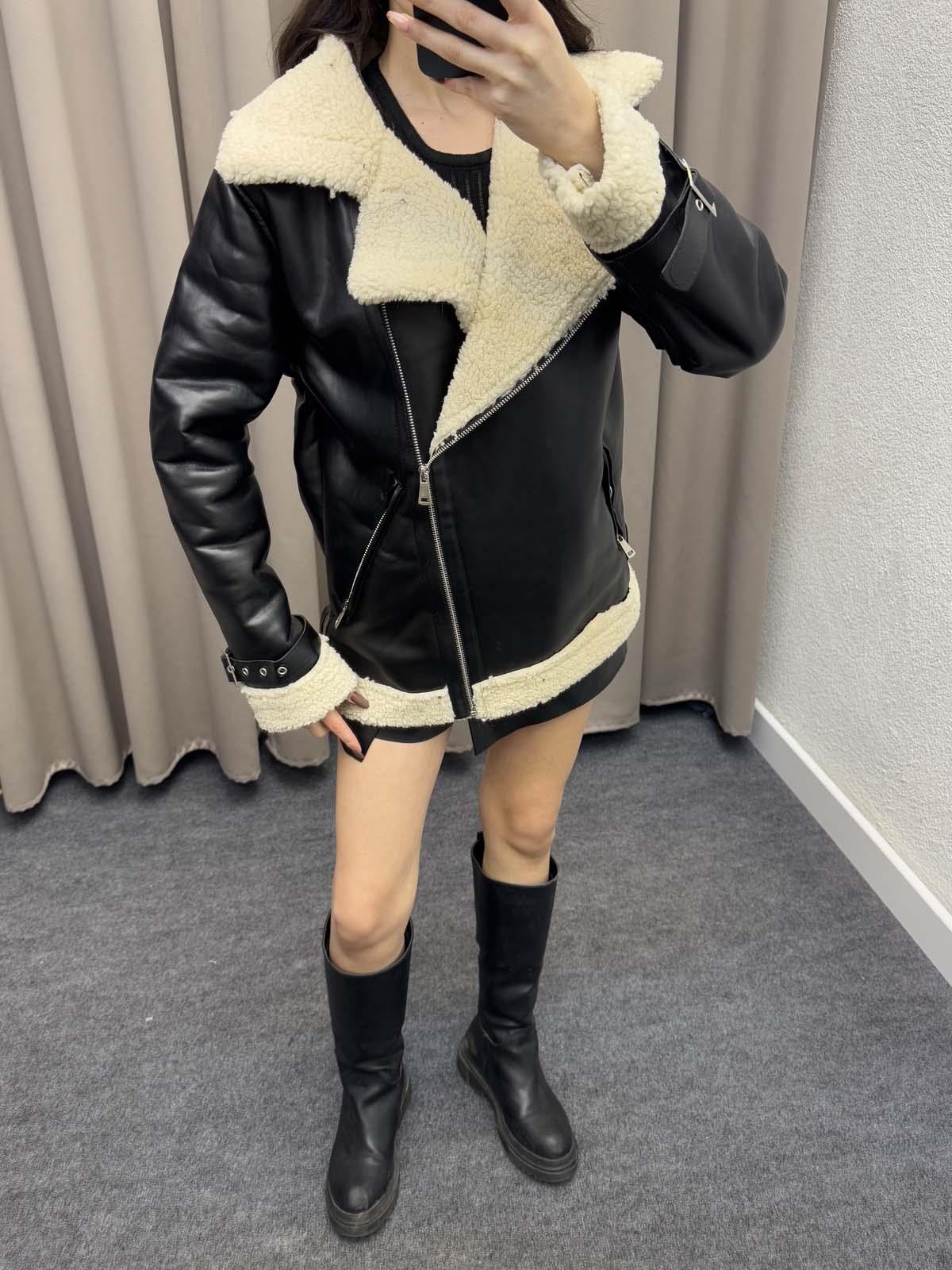 Siyah Deri İçi Kıvırcık Biker Ceket