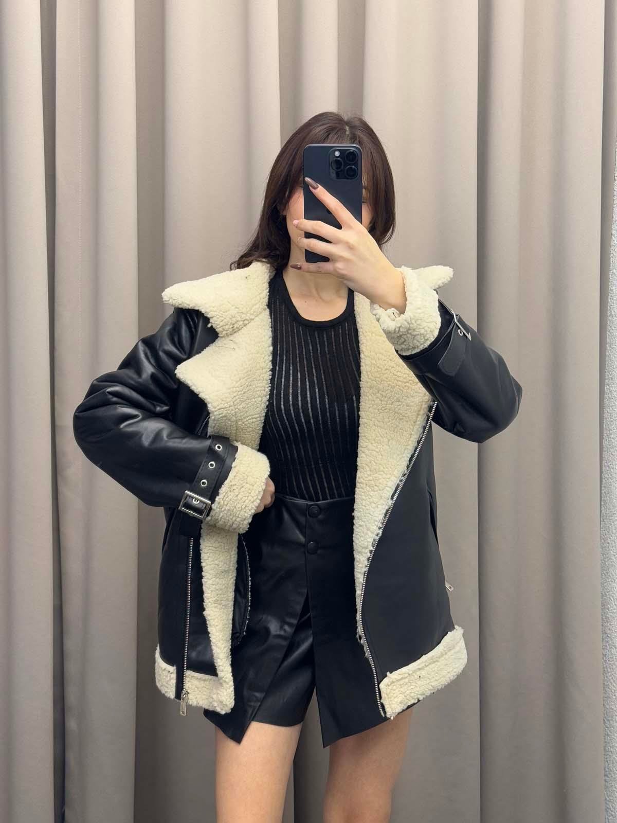 Siyah Deri İçi Kıvırcık Biker Ceket