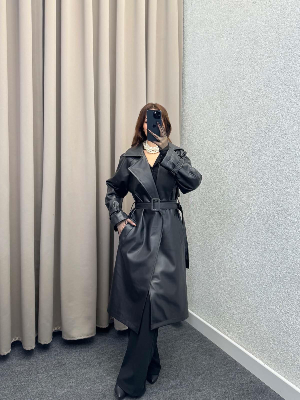 Smith Siyah Deri Trençkot