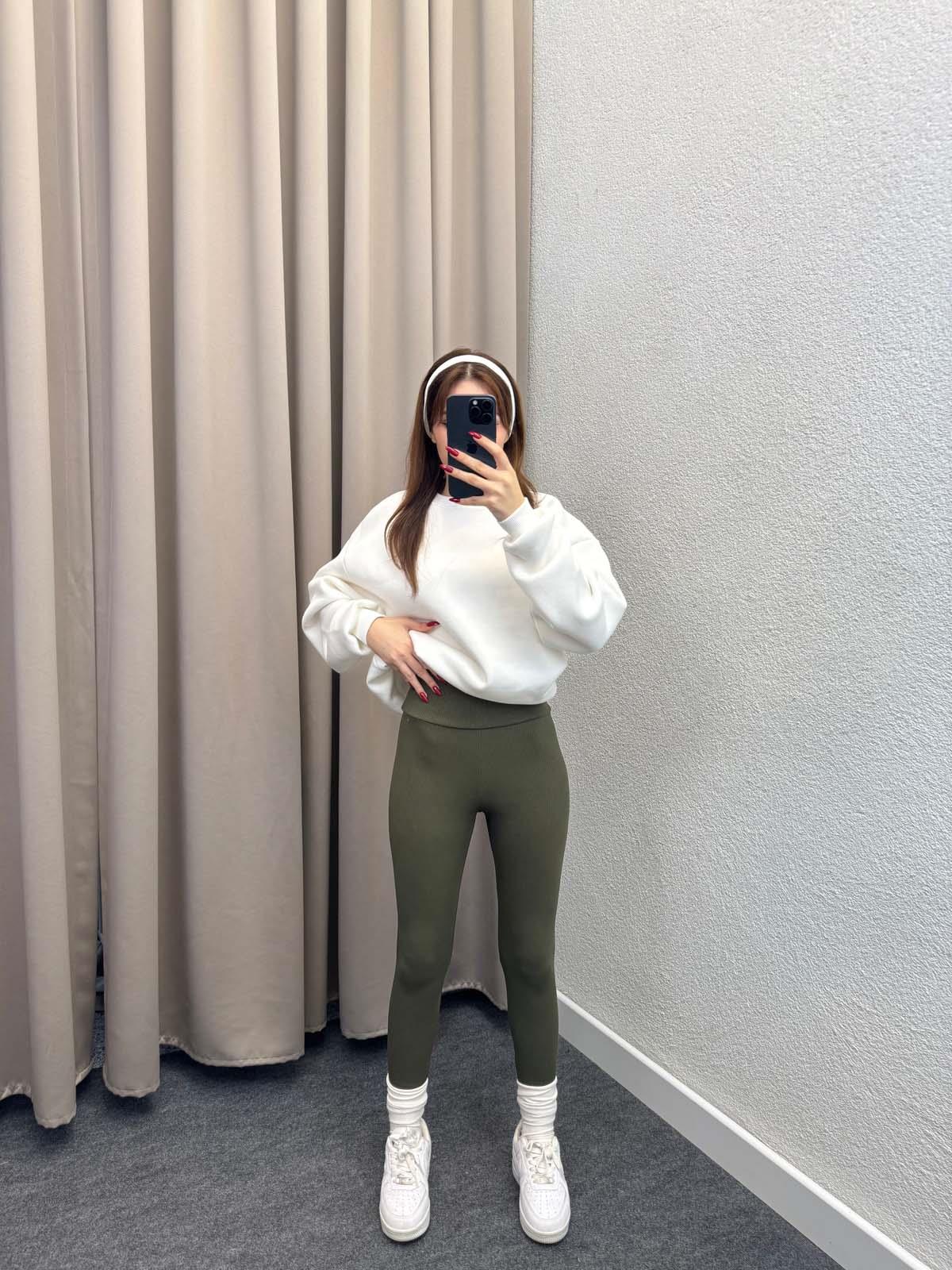 Süper Yüksek Bel Haki Fitilli Tayt