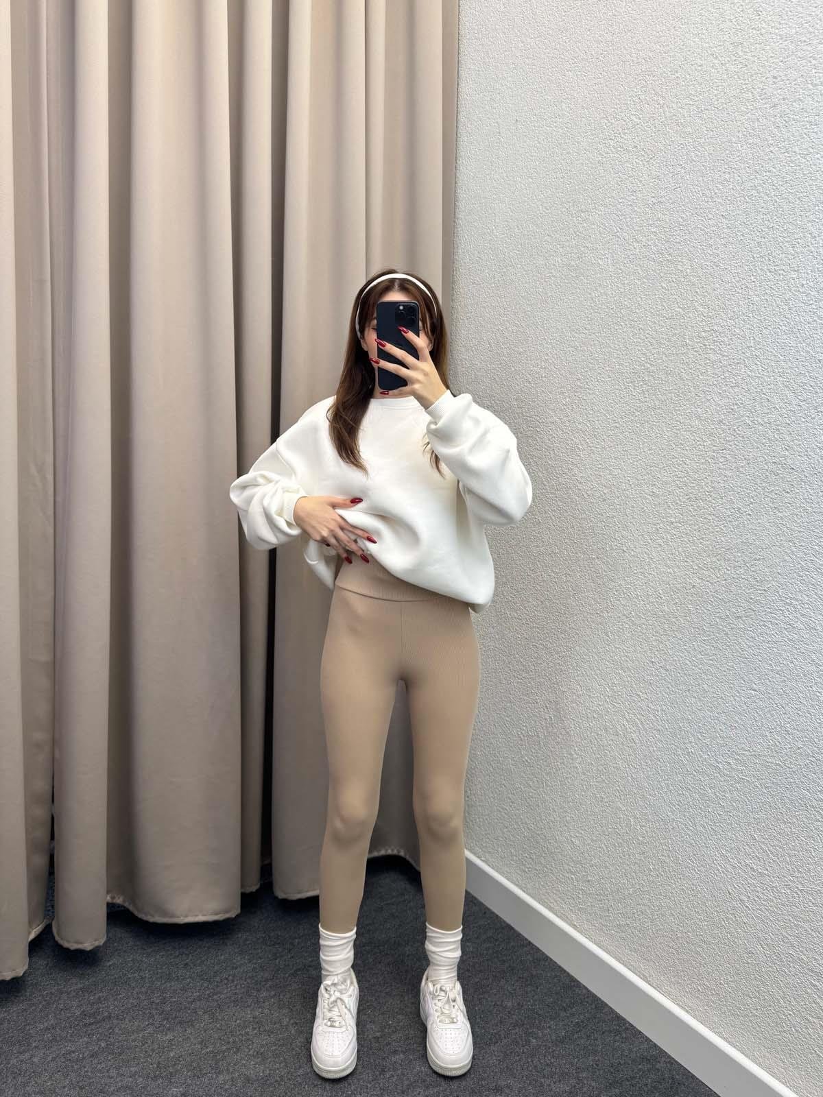 Süper Yüksek Bel Koyu Bej Fitilli Tayt